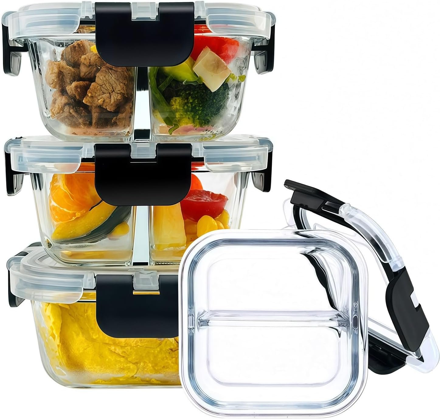 3 Pack Bariatric Meal Prep Containers, 8 oz Glass Bariatric Portion Control Containers with Two 4 oz Compartments, Reusable Lunch Box Bento Box with Lids, Glass Snack Containers with Lids (Black)