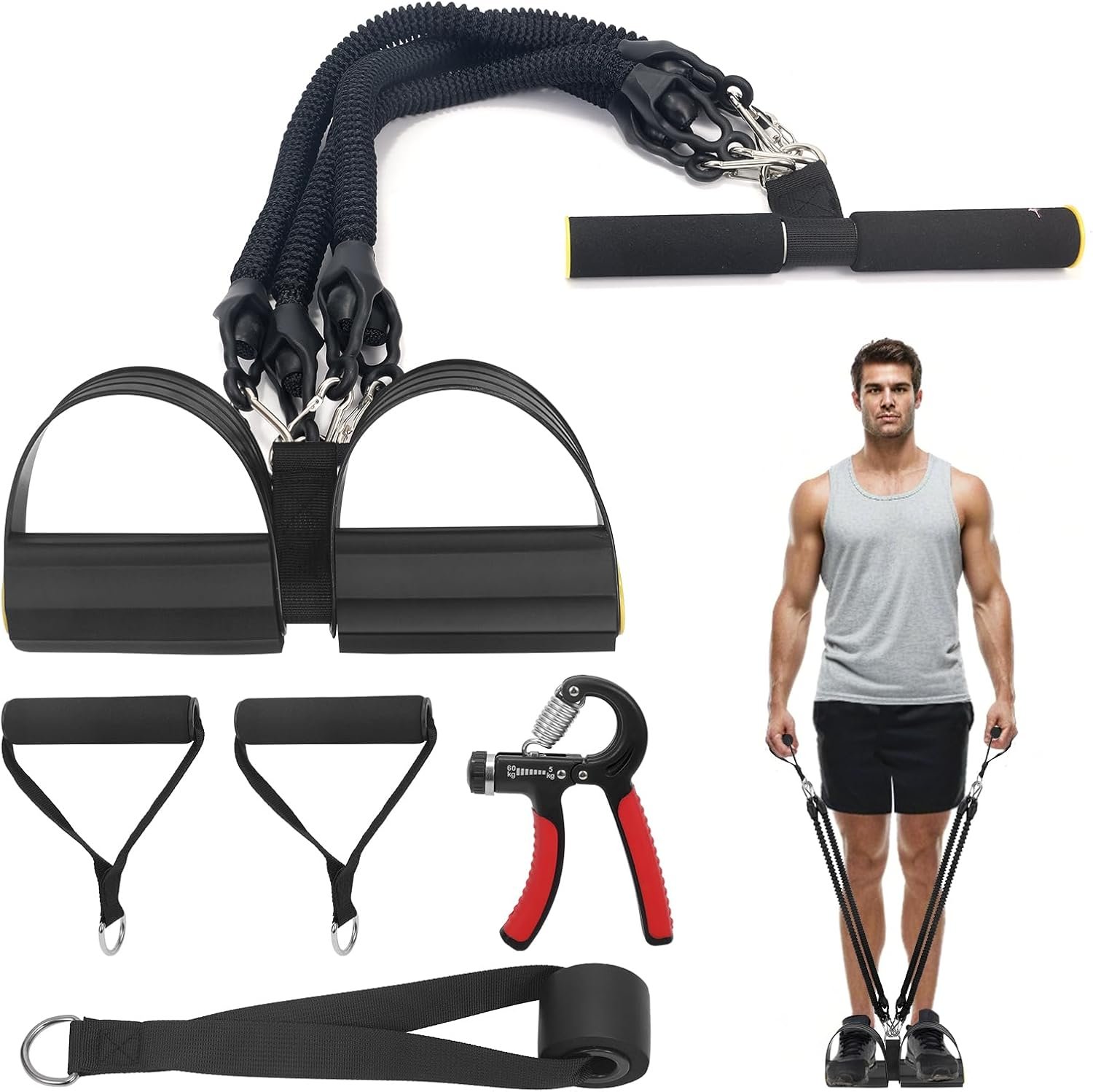 2026 Upgrade Foot Pedal Resistance Band, Adjustable 4-Tube Elastic Pull Rope Fitness Sit-up Exercise Equipment at Home Gym Arm Abs Workout Equipment Leg Stretching Equipment