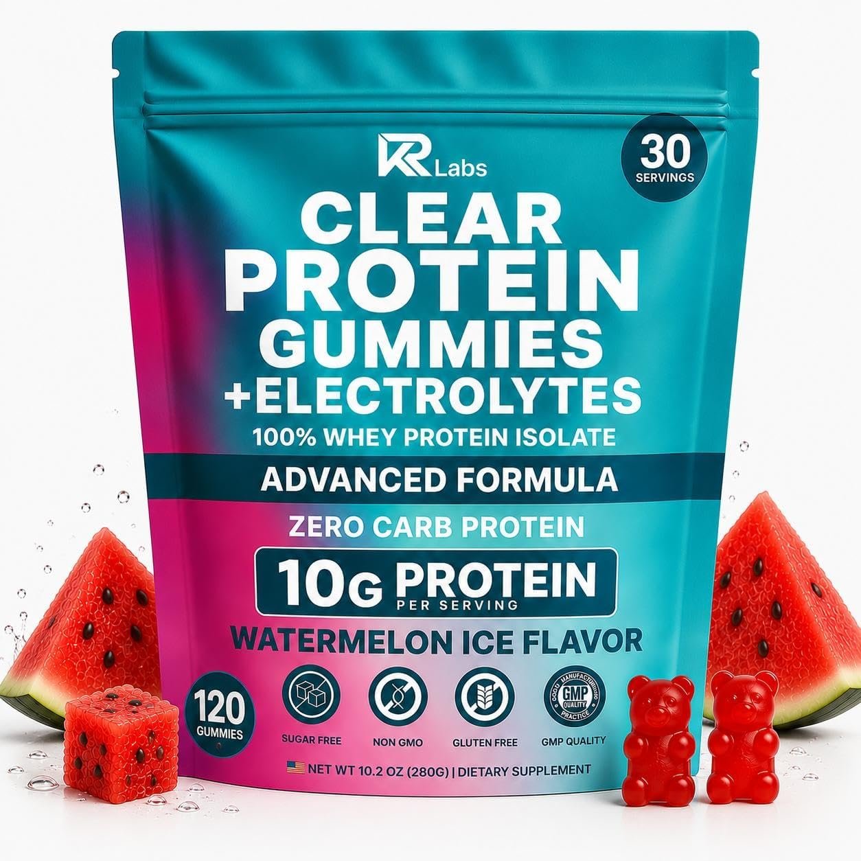 Zero Carb Clear Whey Protein Gummies, Electrolyte, Watermelon Ice | 10g Protein per Serving, 300g Total per Bag, 100% Whey Isolate, Gluten-free, Non-GMO, Vitamins Added, For Men & Women