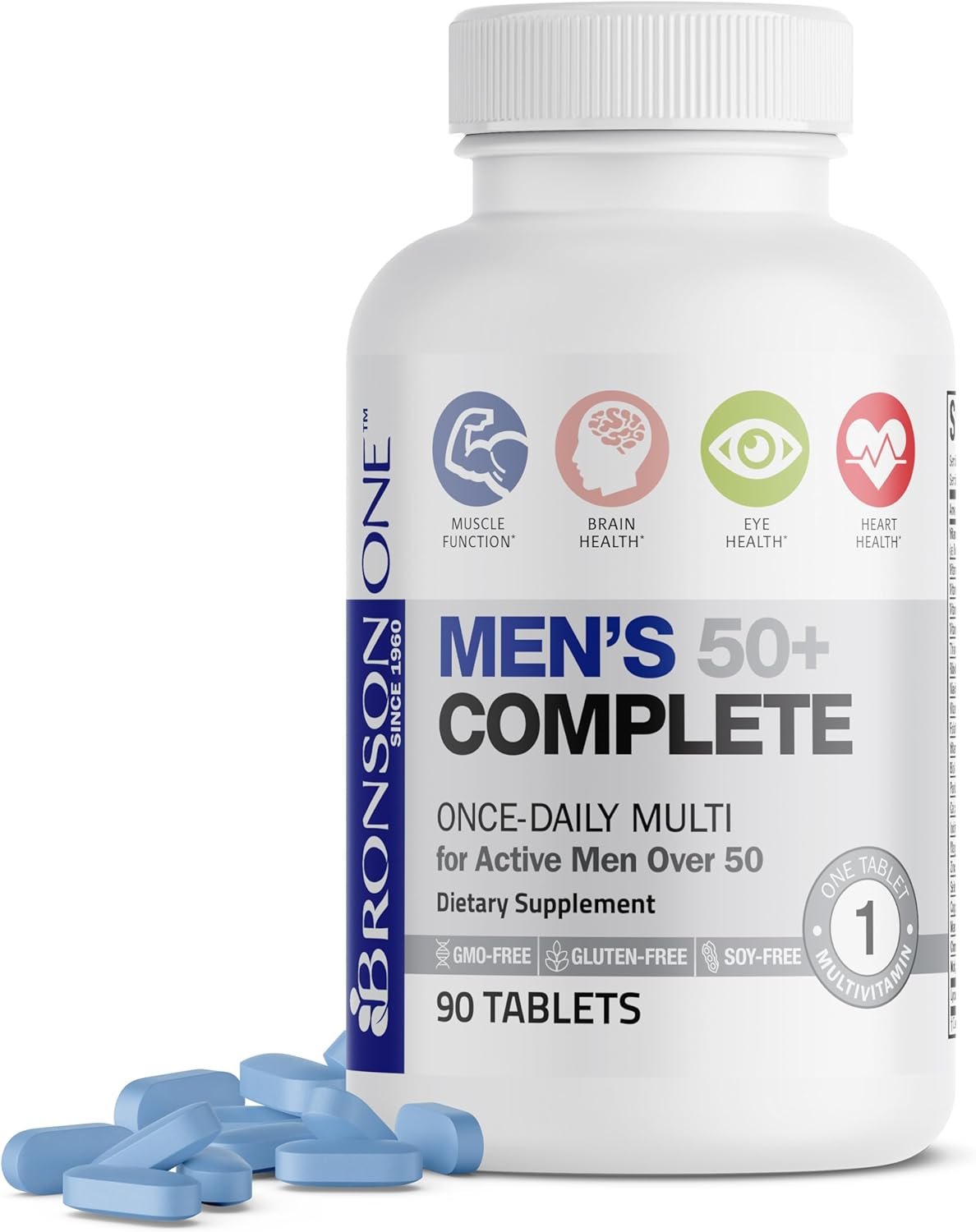 Bronson ONE Daily Mens 50+ Complete Multivitamin Multimineral, 90 Tablets | Once-Daily, Targeted Nutrition For Active Men Over 50, Non-GMO, Gluten-Free, Soy-Free