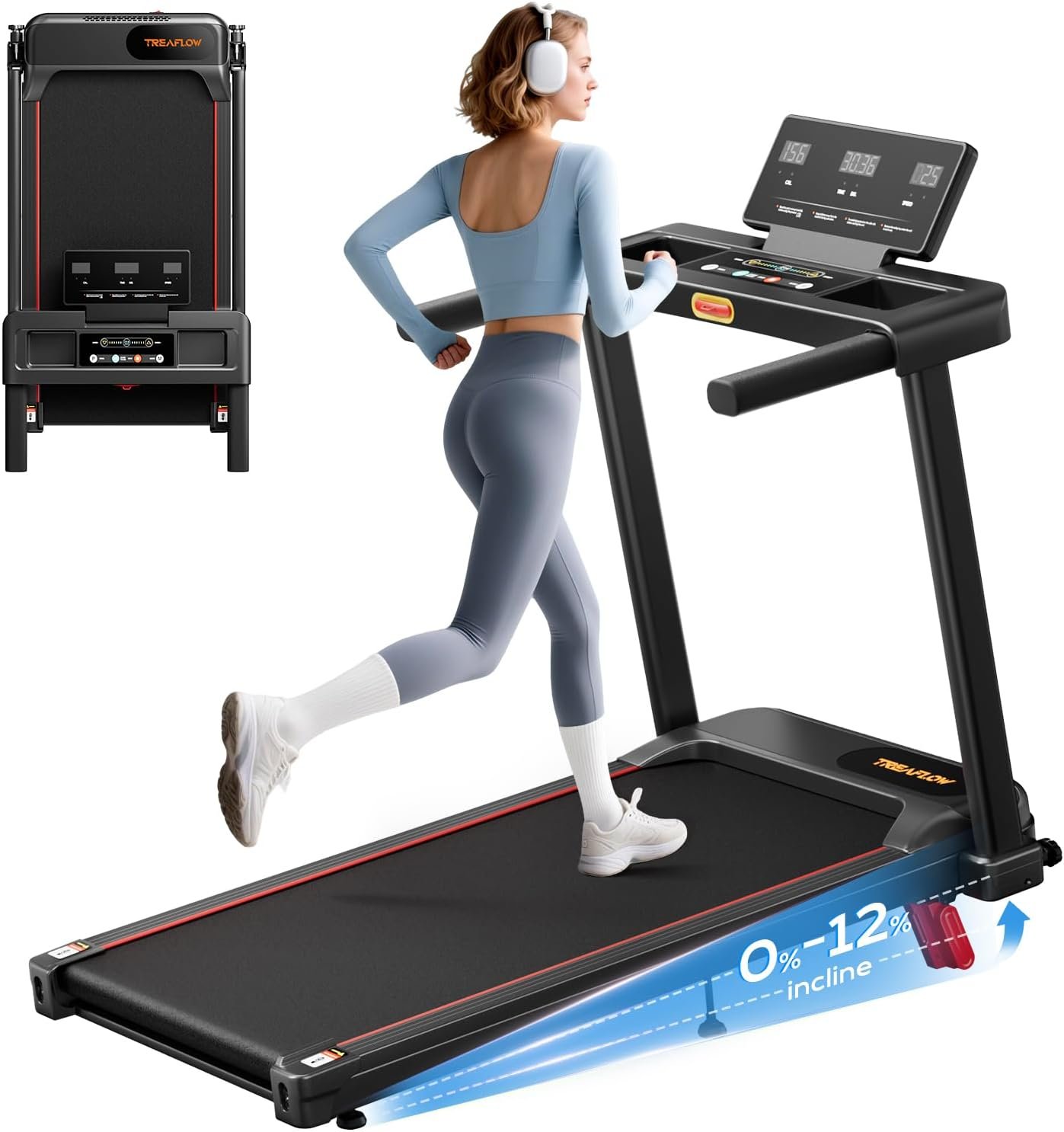 TREAFLOW Walking Pad with Incline, Foldable Treadmill with Handrail for Home Office, Portable Walking Machine, Low Noise, LED Display, 6.2 MPH