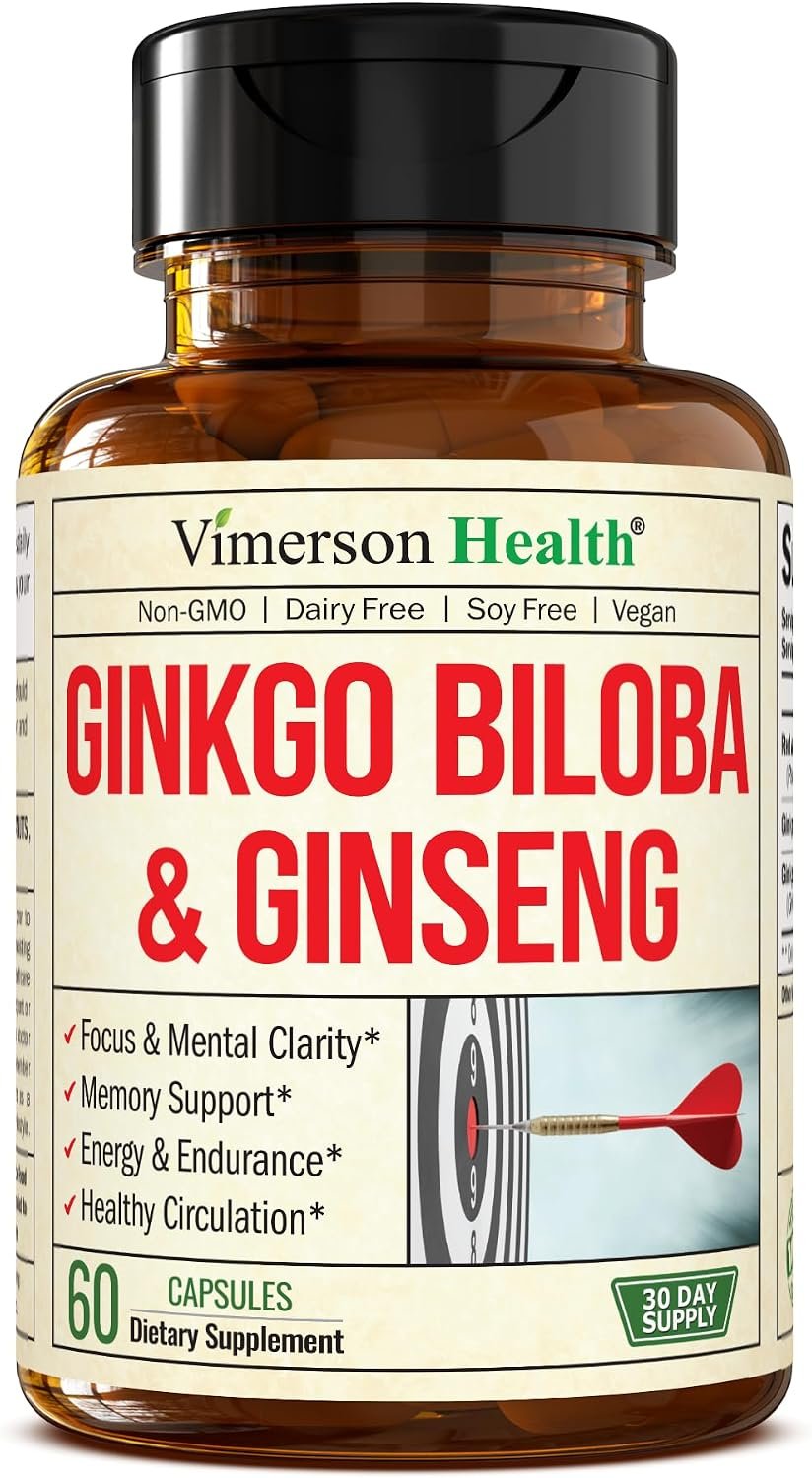 Asian Ginseng and Ginkgo Biloba Supplements – Panax Ginseng Extract 700mg + Ginko Biloba 720mg – Nootropic Brain Supplement for Memory, Focus & Sustained Energy – 60 Easy-to-Swallow Capsules