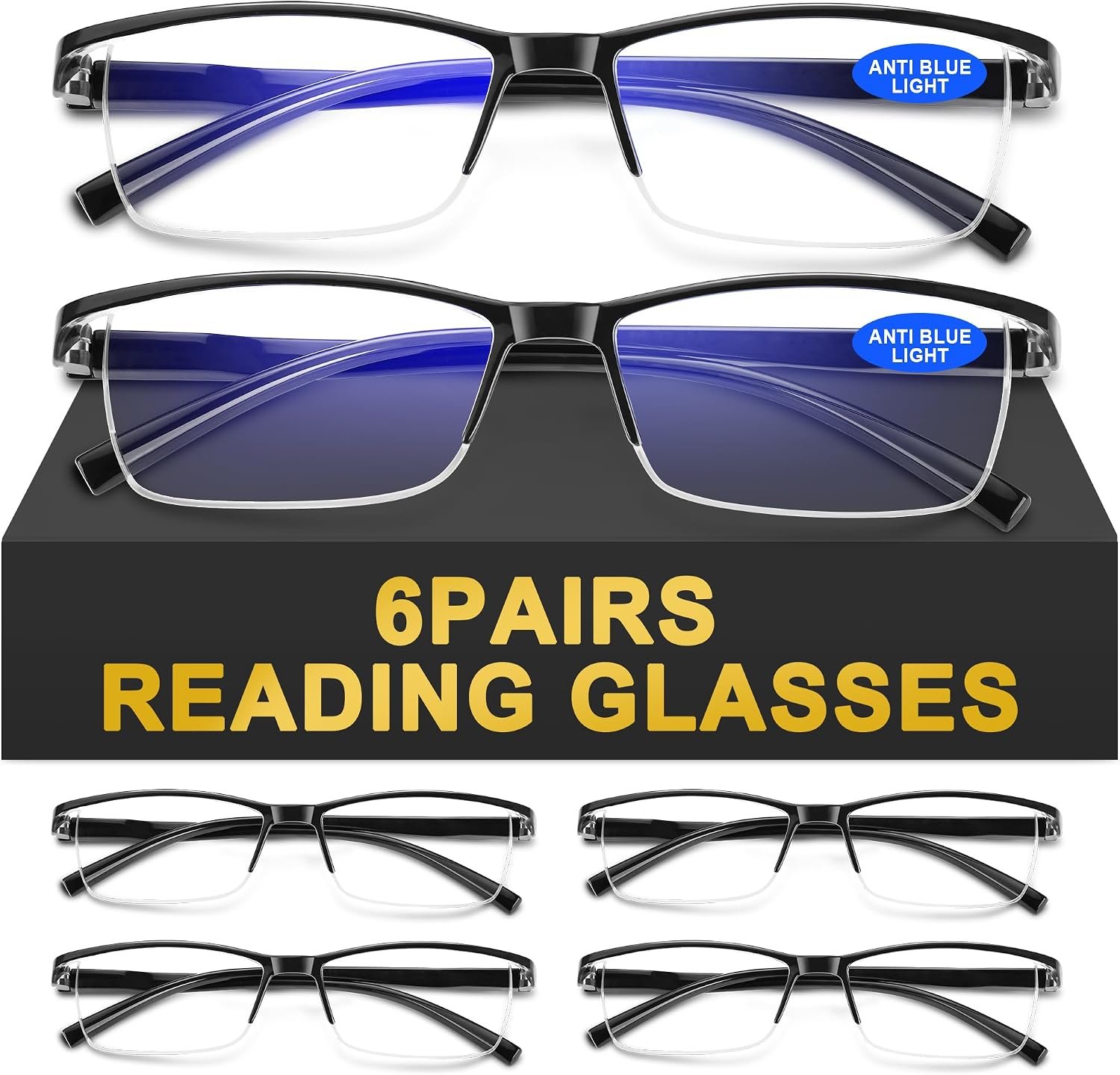 6Pack Reading Glasses Men, Spring Hinge Blue Light Blocking Readers, Lightweight TR90 Computer Magnifying Eyeglasses