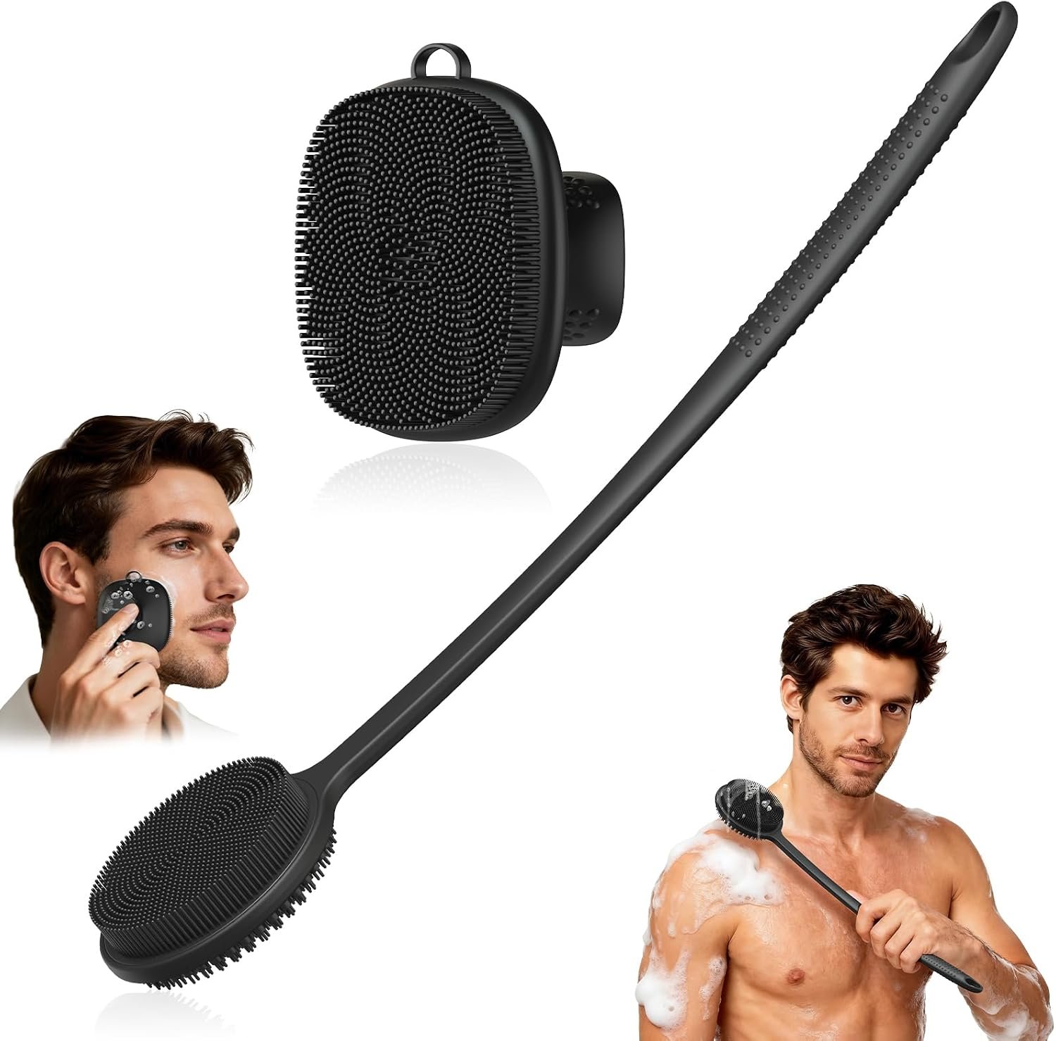 Back Scrubber for Shower & Face Scrubber, 2Pcs Silicone Exfoliating Brush Set with 17In Long Handle, Soft Body & Facial Cleansing Scrubber for Men Women
