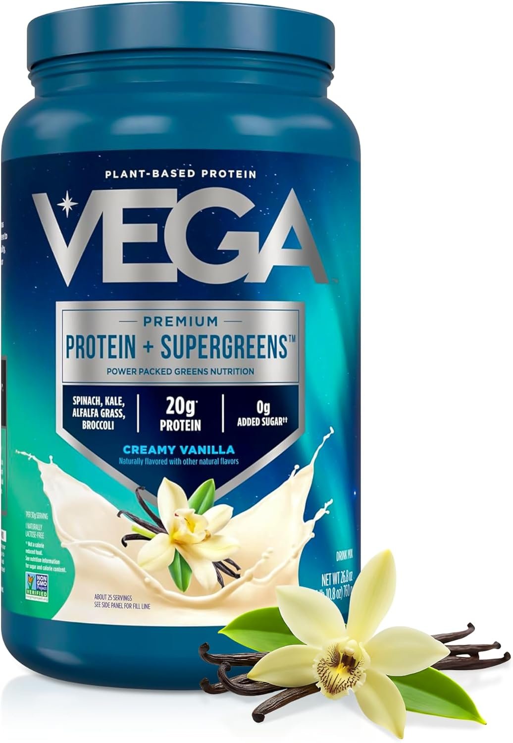Vega Premium Protein + Supergreens, Creamy Vanilla – 20g Vegan Protein, Dairy & Gluten Free, 26.9 oz (25 Servings)