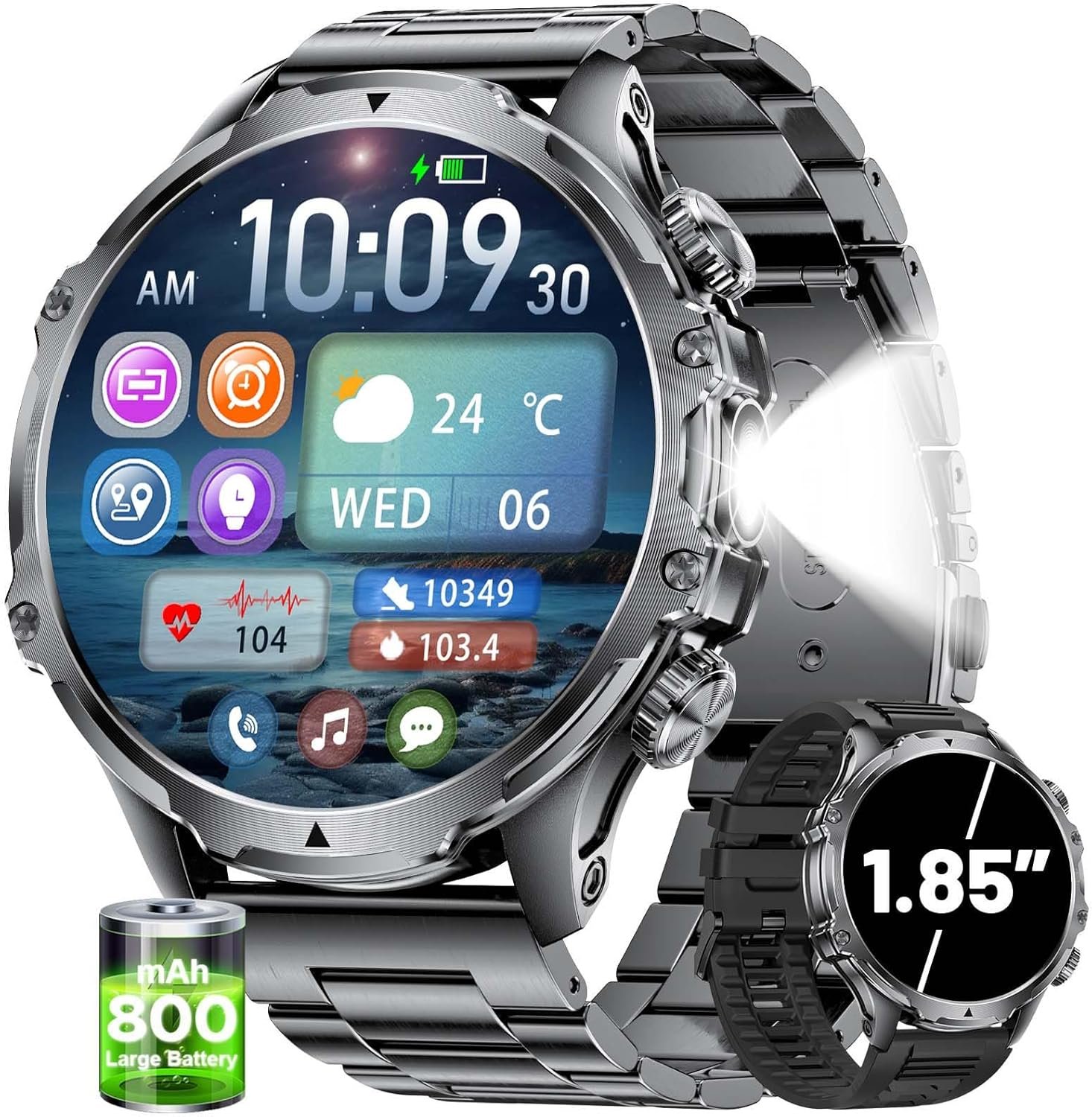 Militrary Smart Watch for Men,1.85″ HD/800mAh Battery Smart watches for Android/iOS (Bluetooth Call Answer/Calls)Fitness Tracker,100+ Sports/LED Flashlight/IP68 Waterproof/Sleep Tracker Smartwatch