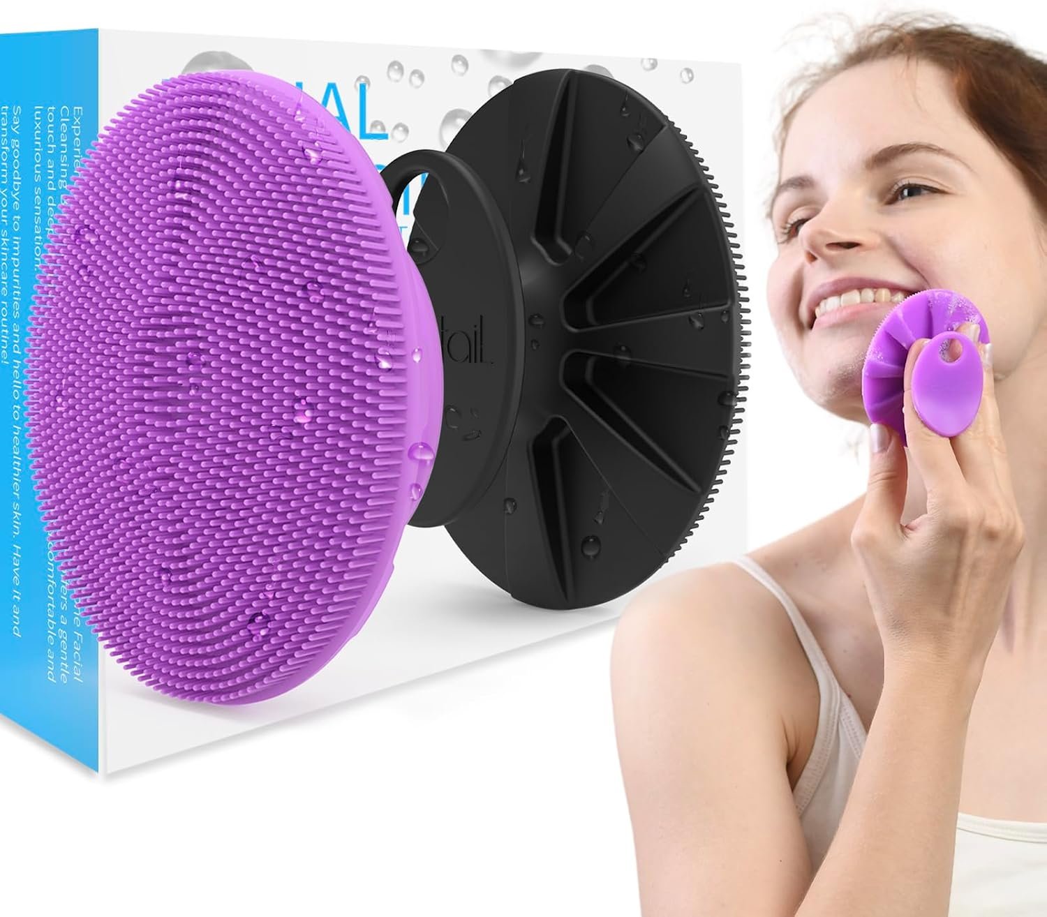 Silicone Face Scrubber 2 Pack, BEAUTAIL Manual Facial Cleansing Brush | Gentle Face Exfoliator for Sensitive Skin, Skin Care Exfoliating Face Scrubber for Men and Women, Black+Purple