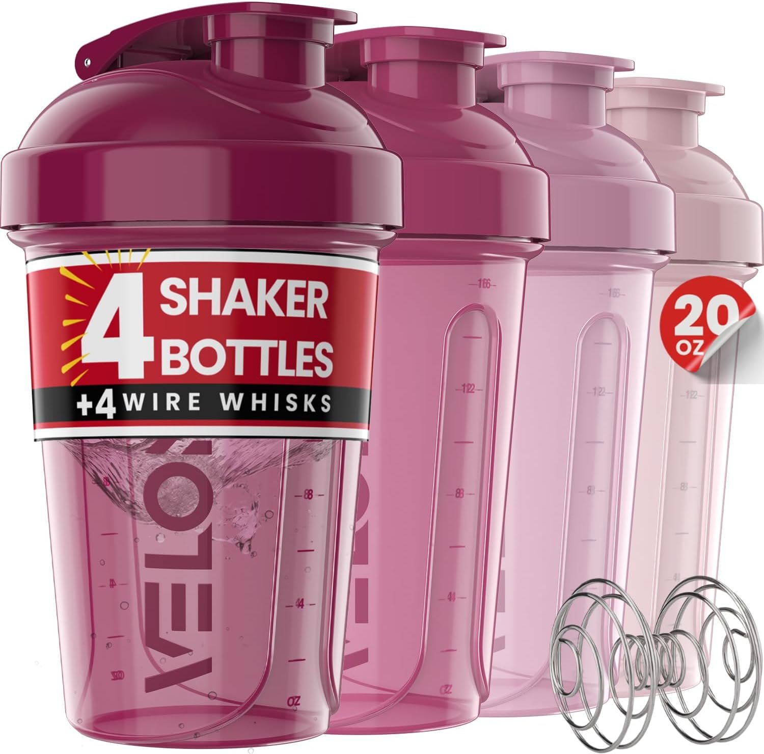 VELOMIX 4 Pack 20oz Protein Shaker Bottle for Protein Mixes, Berry Blend | 4x Wire Whisk, Leak Proof Shaker Cups for Protein Shakes, Stackable, Cute Colors for Women, For Home, Gym, Office and Car