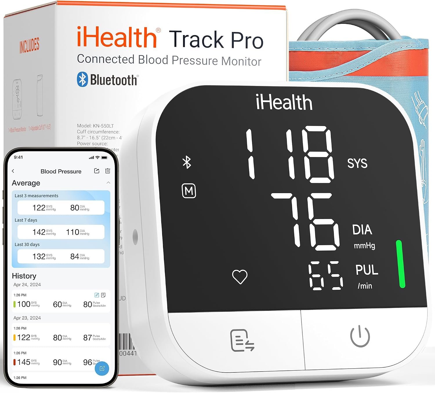 iHealth Track Pro Upper Arm Blood Pressure Monitor for Home Use | App sync, Full-view LED Screen, 8.7-16.5 in Adjustable Cuff for Large Adults Arm, Body and Cuff Detection