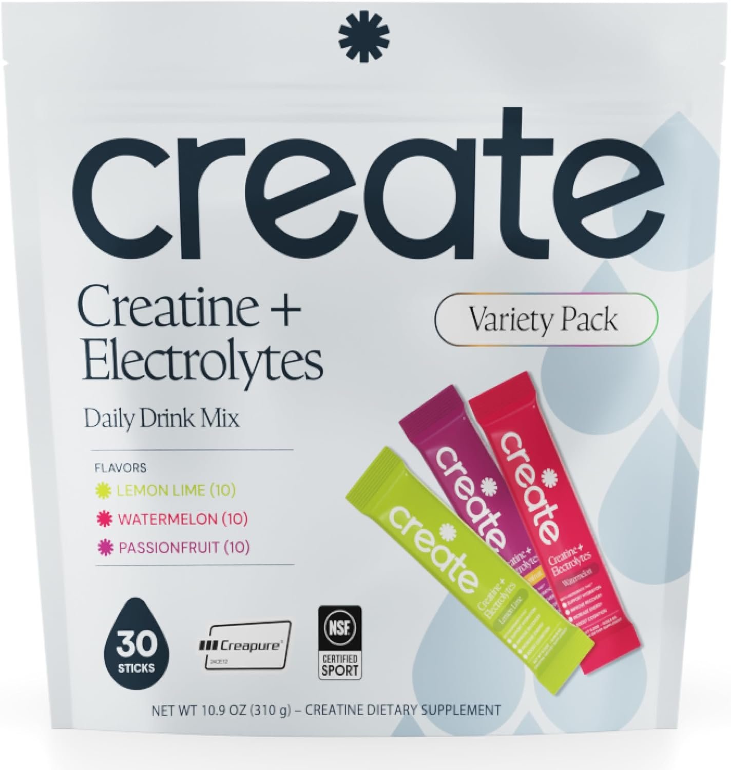 Create Creatine + Electrolytes – Energy & Strength – Variety Pack | NSF Certified for Sport – Daily Hydration Mix, 30 Sugar-Free Stick Packs with 1000mg Taurine, Supports Recovery & Endurance