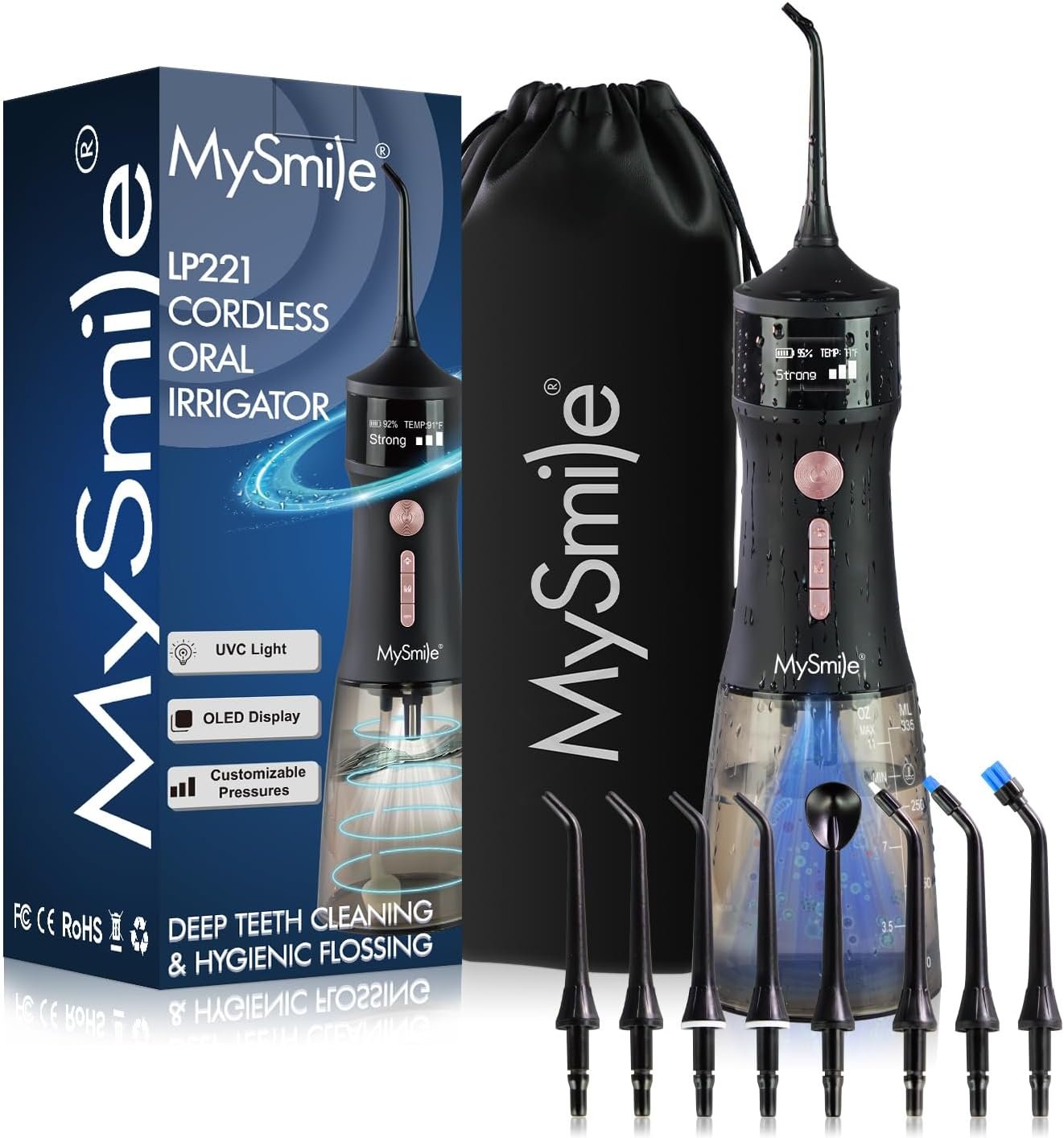 MySmile LP221 Cordless Water Flossers for Teeth with UVC Light Sanitizer and OLED Display, 335ML 4 Modes Water Teeth Cleaner Picks for Teeth Cleaning and Water Flossing (Midnight Black)
