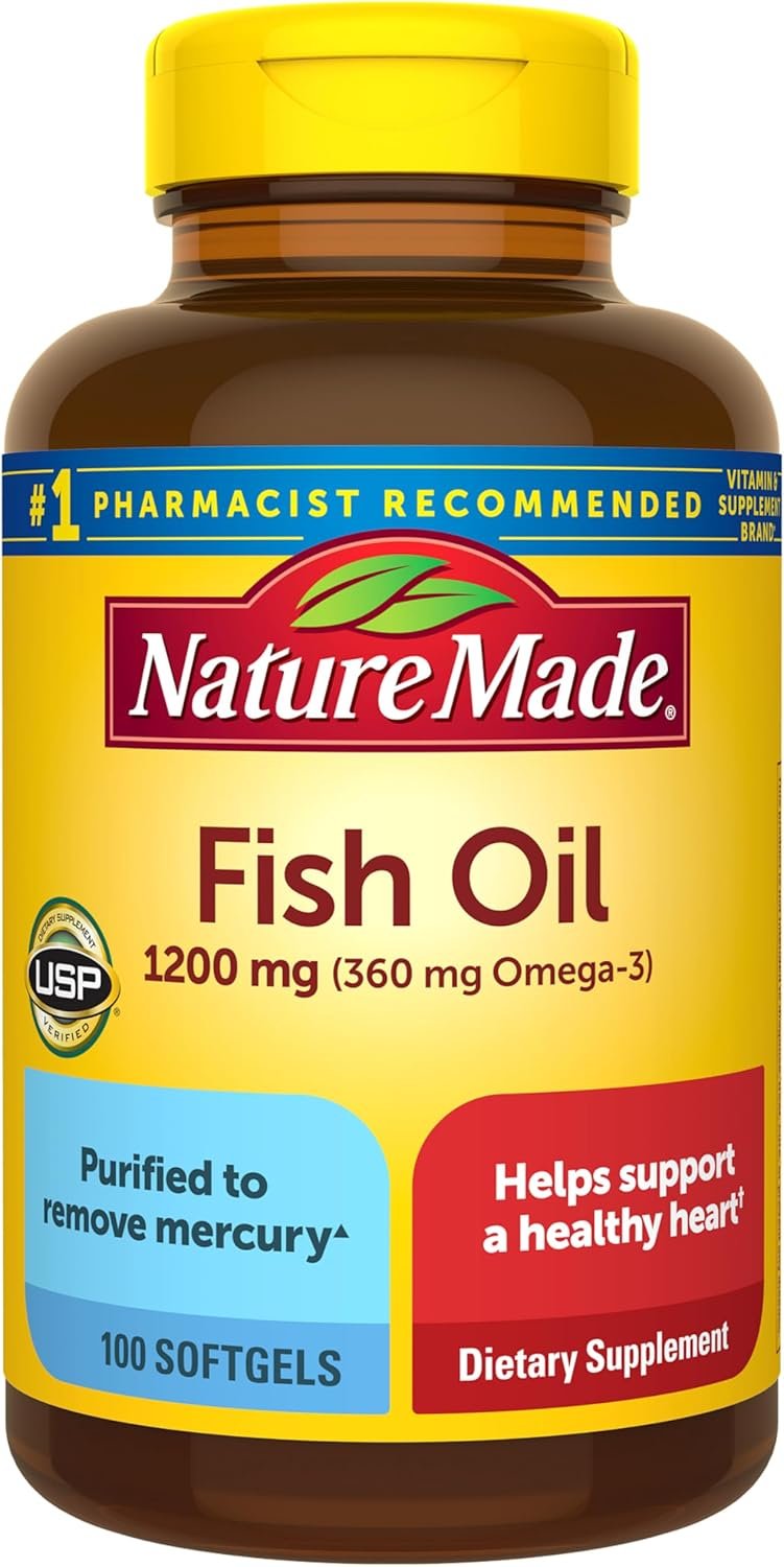 Nature Made Fish Oil Omega 3 Supplements, 1200mg Softgels, 100 Softgels | Omega 3 Fish Oil for Healthy Heart Support, Gluten Free, Dairy Free, 50 Day Supply