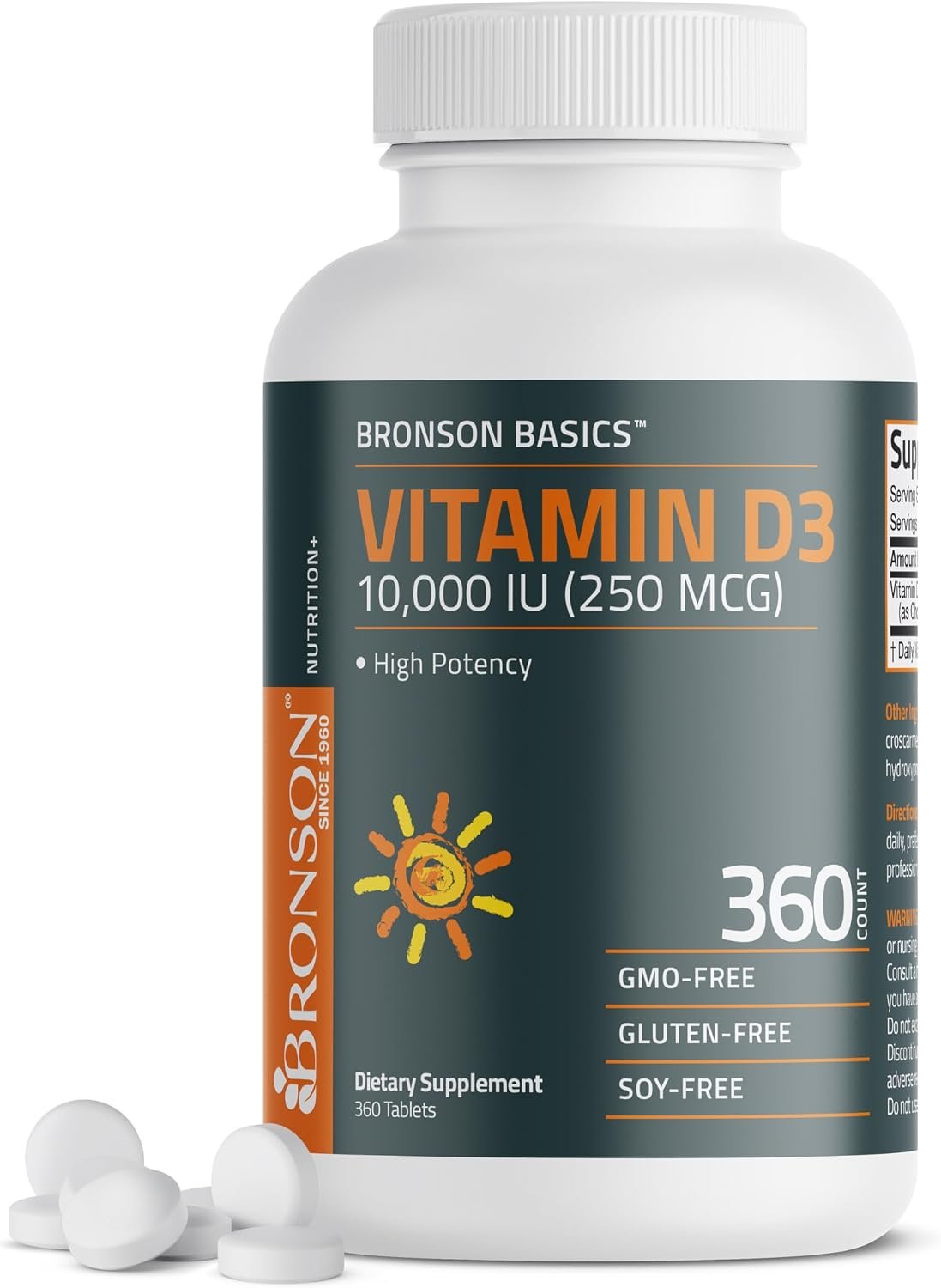 Bronson Vitamin D3 10,000 IU (250 mcg) Immune & Muscle Support, 360 Tablets | Bone & Teeth Support, Non-GMO, Gluten-Free & Soy-Free