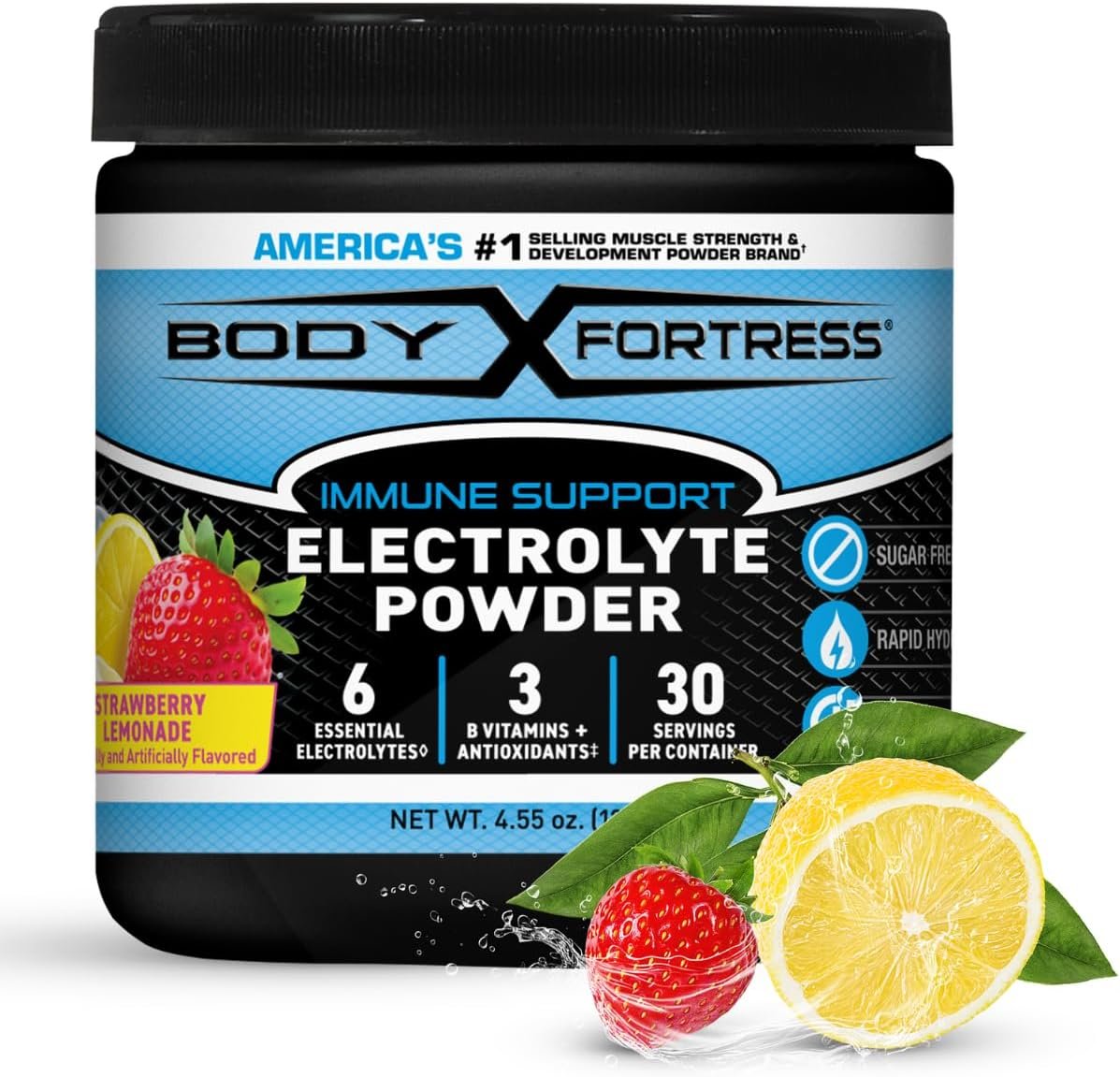 Body Fortress Electrolyte Powder Strawberry Lemonade, 30 Servings | Rapid Hydration Drink Mix with 6 Essential Electrolytes & 3 B Vitamins, Sugar Free, Keto Friendly, Clear Hydration