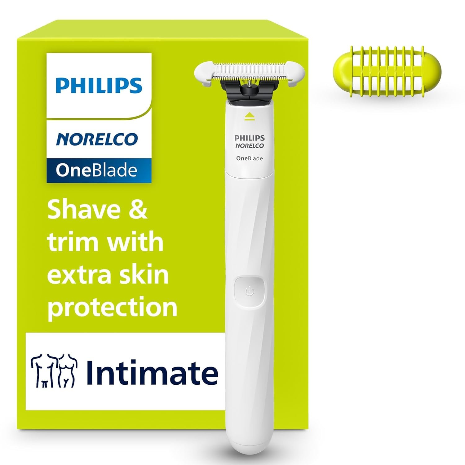 Philips Norelco OneBlade Intimate Trimmer and Shaver with Skin Protection | SkinProtect Blade, Designed for Pubic Grooming, 100% Showerproof, 30-Min Runtime, Includes Body Comb, QP1924/70