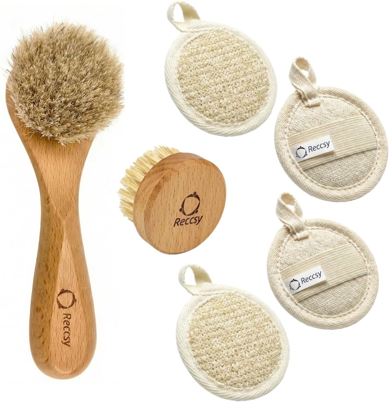 Reccsy Face Brush Set – Soft Natural Bristle Facial Dry Brush for Lymphatic Drainage & Face Exfoliator Brush – Includes 4 Reusable Cleansing Pads