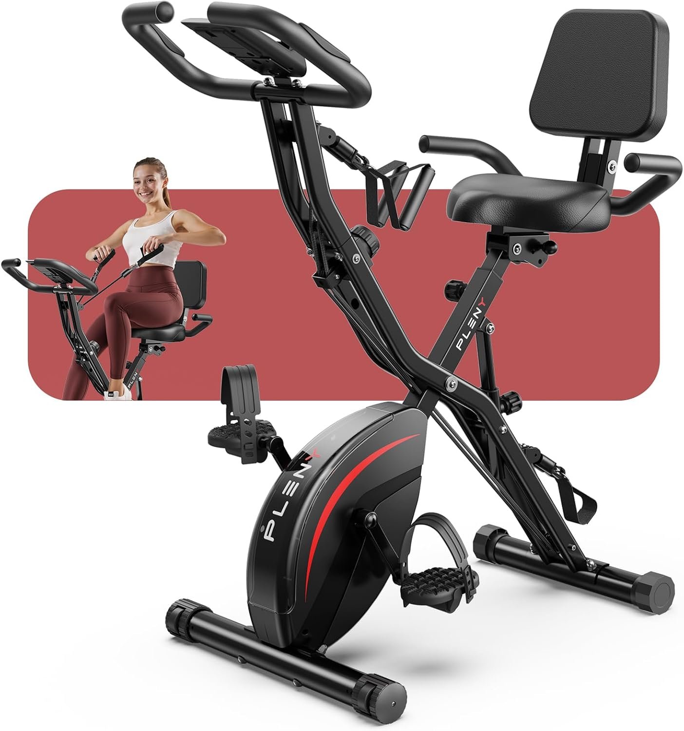 Pleny Folding Exercise Bike, 5 IN 1 Stationary Bikes for Home | 6.6 LBS Flywheel, 330LB Weight Capacity Back Support Cushion Indoor Workout Cycling Bike for Home Gym