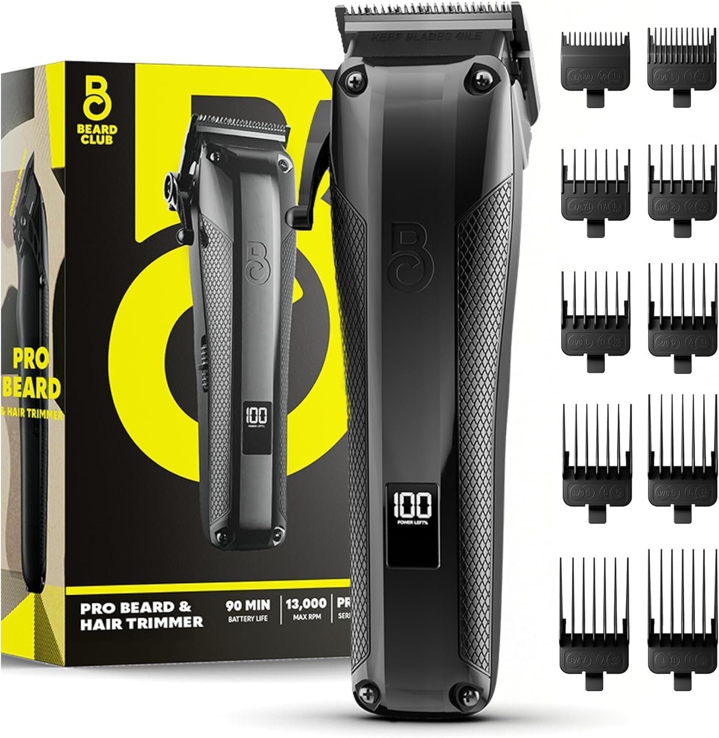 The Beard Club Pro Beard Trimmer for Men – Professional Men’s Hair Trimmer for Barbers – Electric Cordless Rechargeable High Power 13,000 RPM – 10 Guides – Taper Lever – Diamond Like Carbon Blades