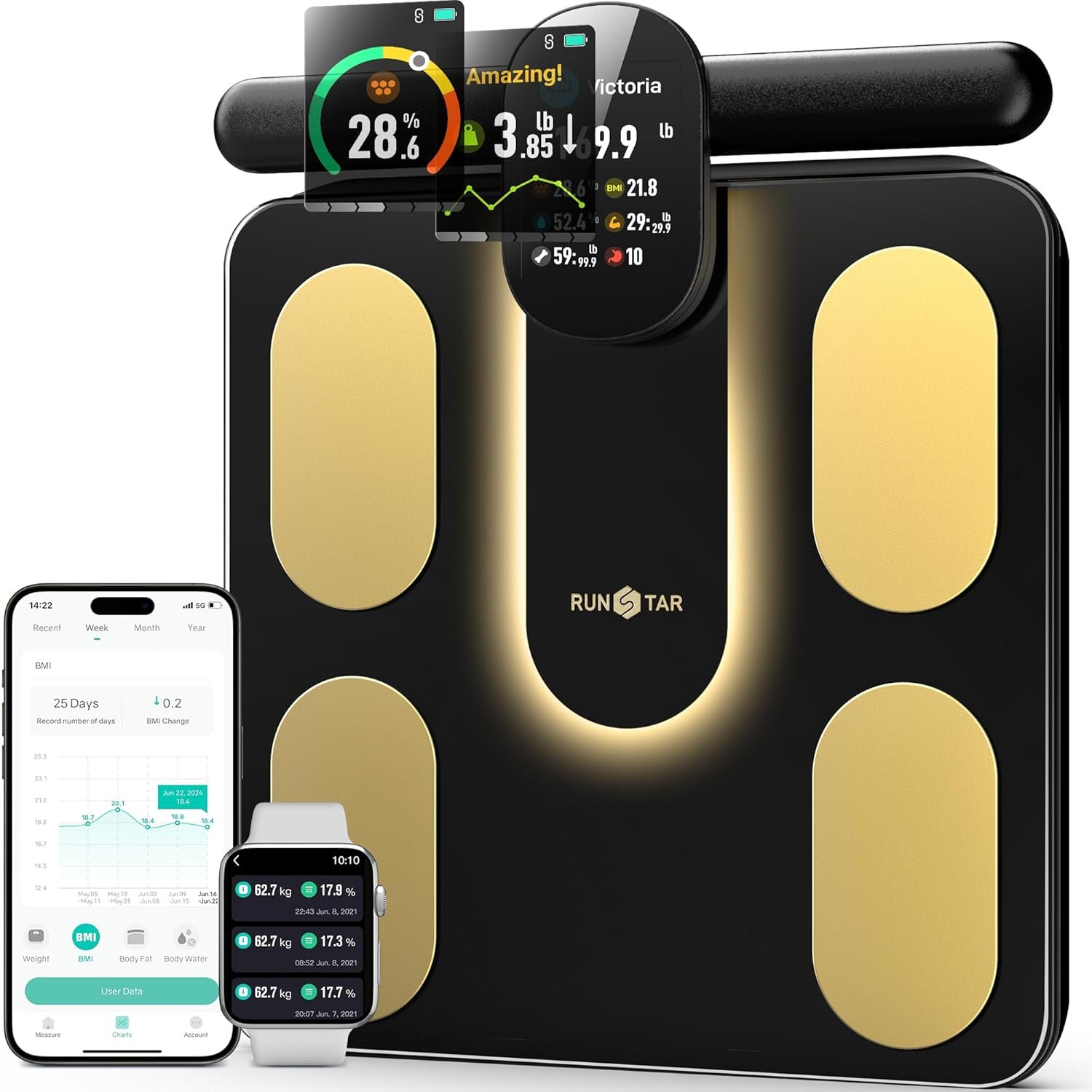 Runstar Smart Scale FSA&HSA Eligible, 8 Electrodes Digital Bathroom Scale for Body Weight and Fat, BMI, Muscle Mass 28 Body Composition Measurement, with Full-Color TFT LCD on Retractable Handle