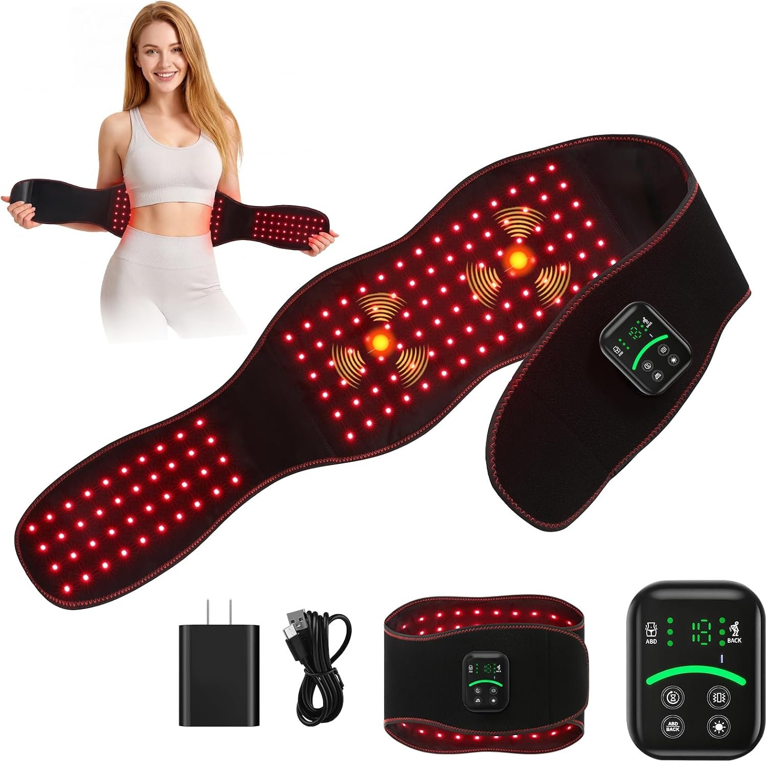 Red Light Therapy Belt for Body, 5000mAh Cordless Infrared Waist Wrap for Back & Abdomen, 10Hz/40Hz Pulse, 3 Red Light/3 Vibration Modes for Muscle Recovery & Discomfort Relief