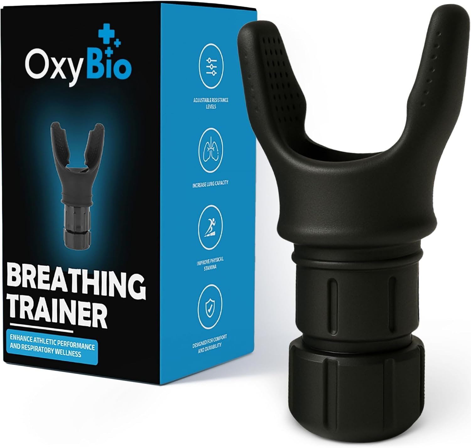 Oxy Respiratory Trainer | Breathe Easier with Stronger Lungs | Made with High Grade Silicone | Breathing Exercise Device for Lungs | Portable | Adjustable Resistance Settings | Black