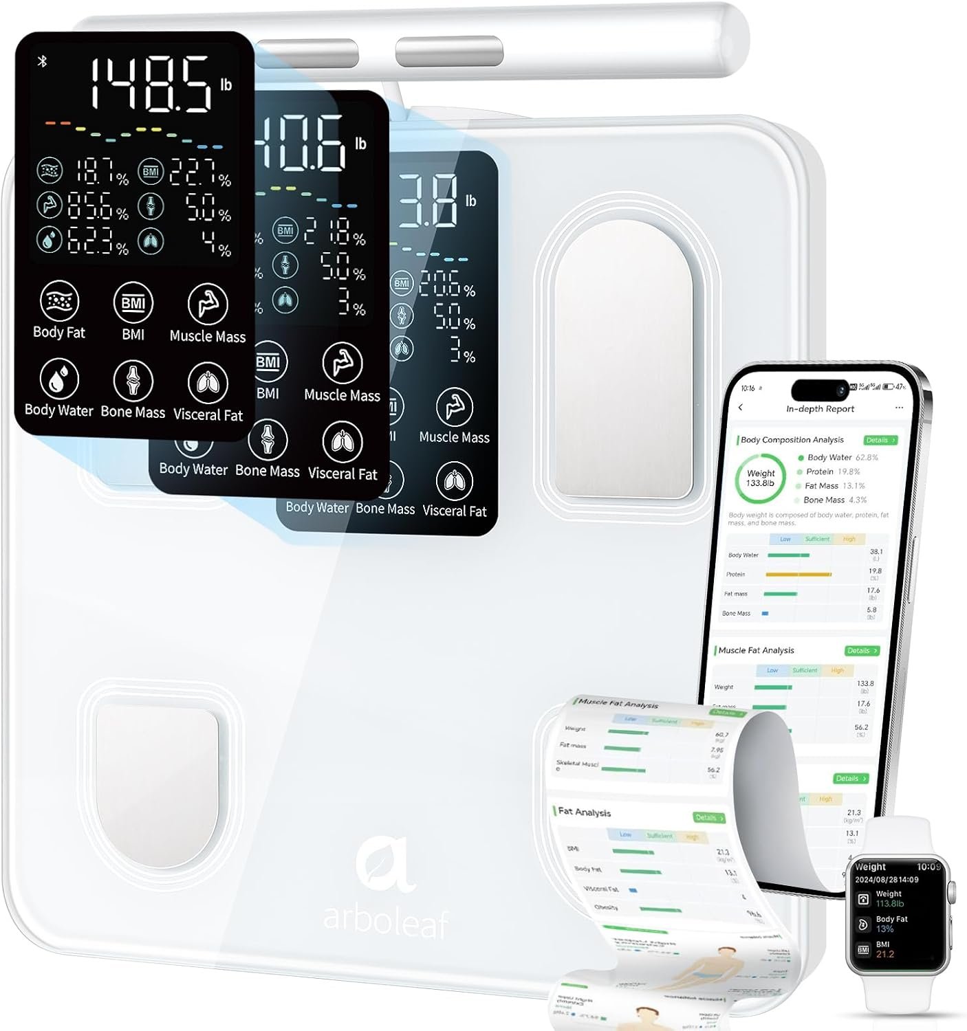 arboleaf Smart Scale with BMI, Body Fat, Muscle Mass, 50+ Body Metrics | 8-Electrode Full Body Composition Analyzer with Segmental Measurements for Arms, Legs, and Torso