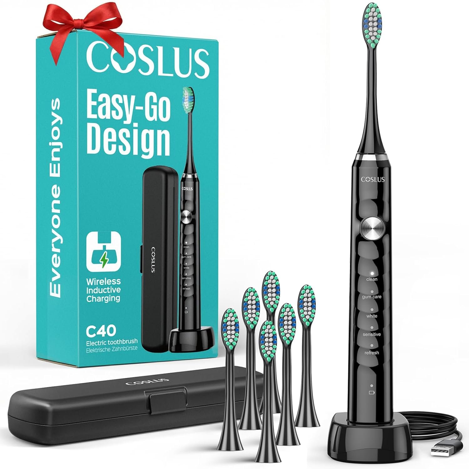 COSLUS Sonic Electric Toothbrush for Adults C40(DY-108Pro): 47000 VPM for Deep Cleaning with Travel Case – 5 Modes for Sensitive Teeth & Brace, Wireless Charging, 6 Brush Heads for Family, Black (1PC)