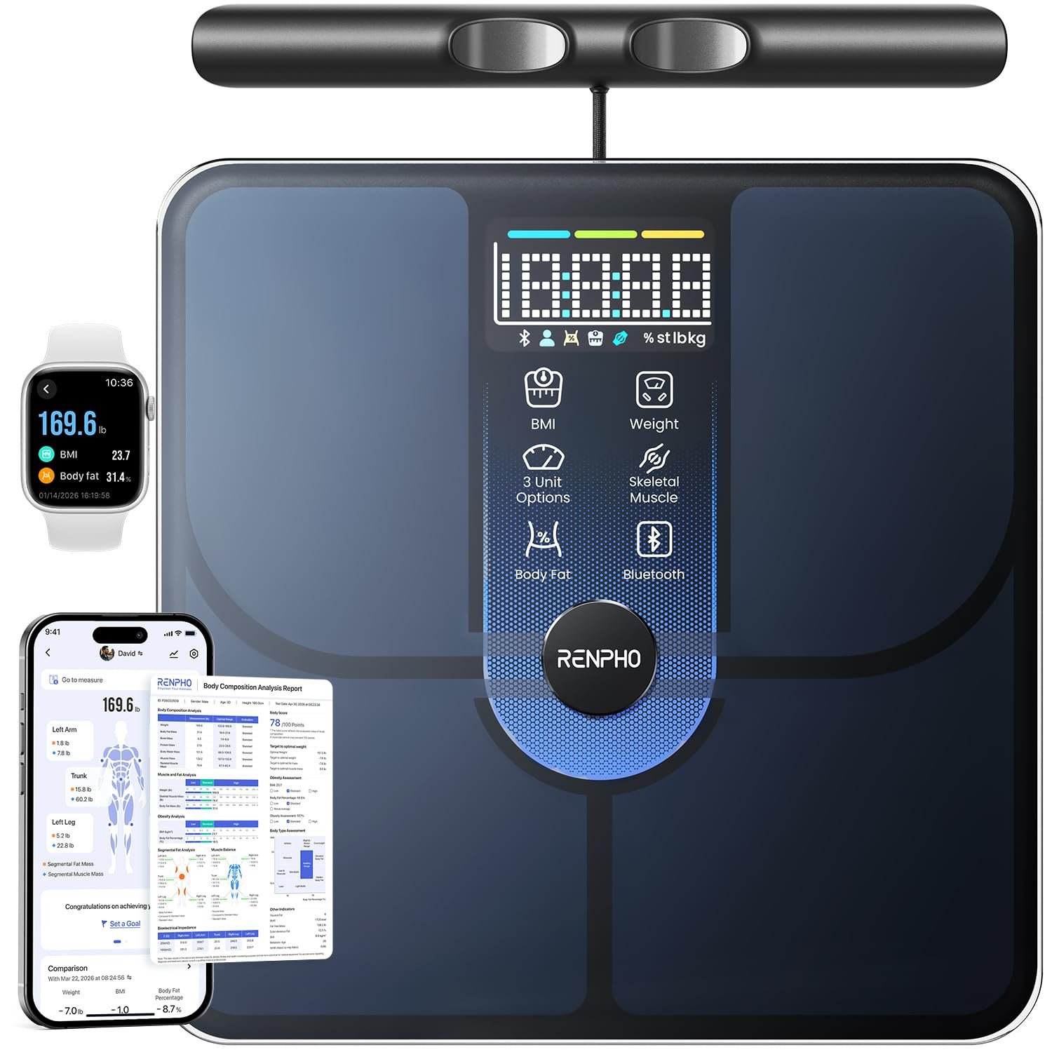 RENPHO MorphoScan Lite Body Composition Scale with Handle, Clear Display | Smart Scale with BMI, Body Fat, Muscle Mass, 8-Electrode Scale with Health App, 50+ Metrics, Digital Bathroom Scale, Home Use
