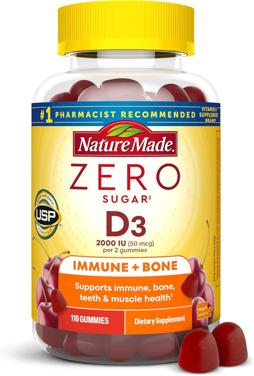 Nature Made Zero Sugar Vitamin D3 Gummies 2000 IU (50 mcg) Per Serving, Bone & Immune Support, Aspartame Free, 110 Vitamin D Gummies, 55 Day Supply