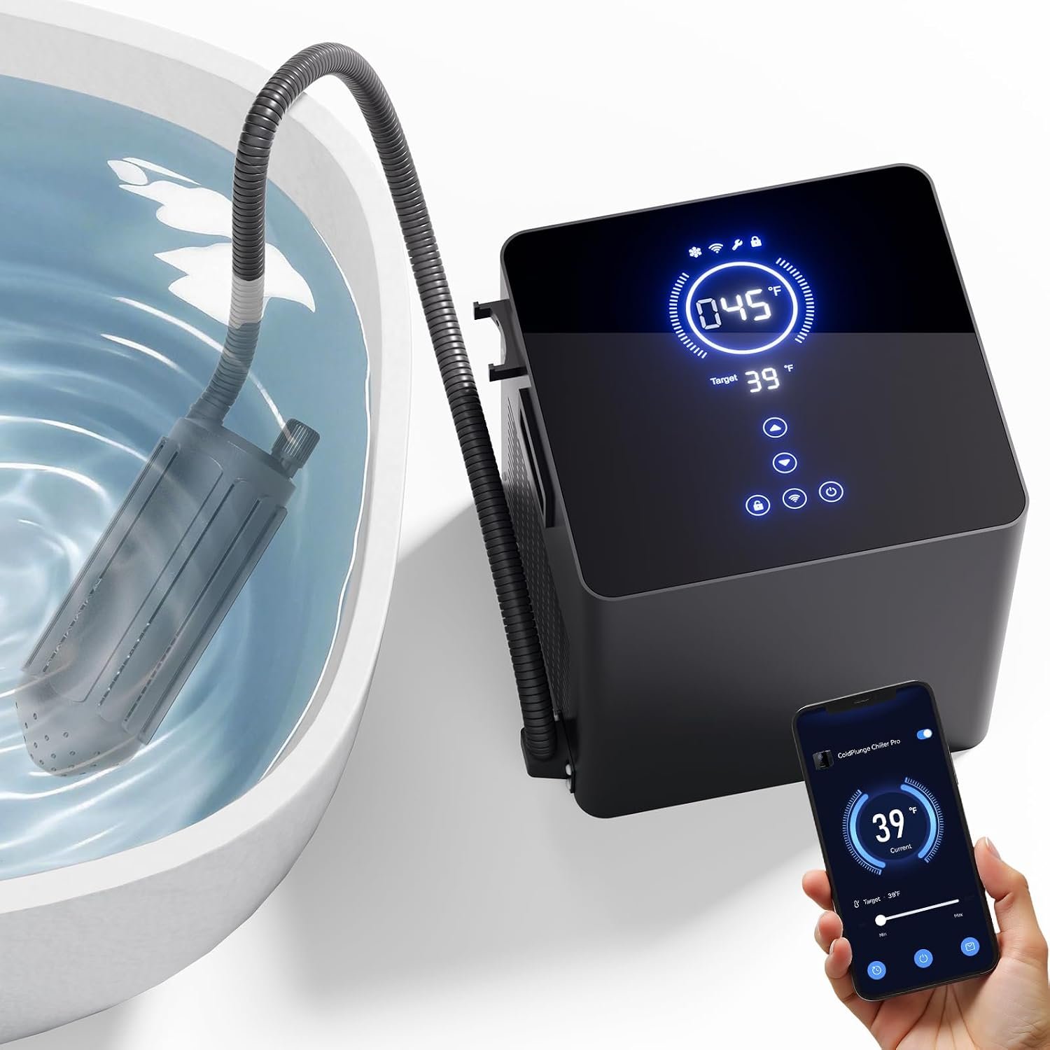 Cold Plunge Chiller Pro, 1/2 HP Drop-in Ice Bath Water Chiller for Any Tub, Cools to 39°F, No Installation Required, WiFi App & Touchscreen Control, Ready-to-Use Cold Therapy Recovery System 110V