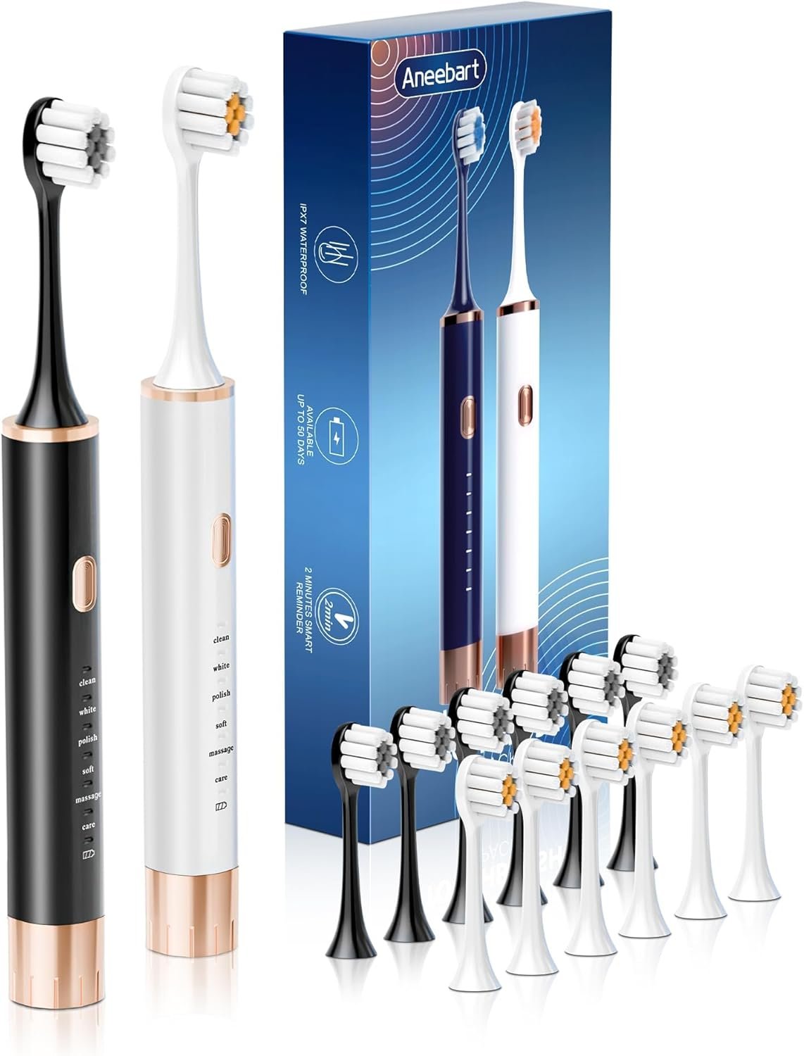 Aneebart Sonic 2 Pack Electric Toothbrush for Adults and Kids, Travel Toothbrush Includes 12 Replacement Toothbrush Heads, 6 Modes with 2 MIN Smart Timer (Black White)