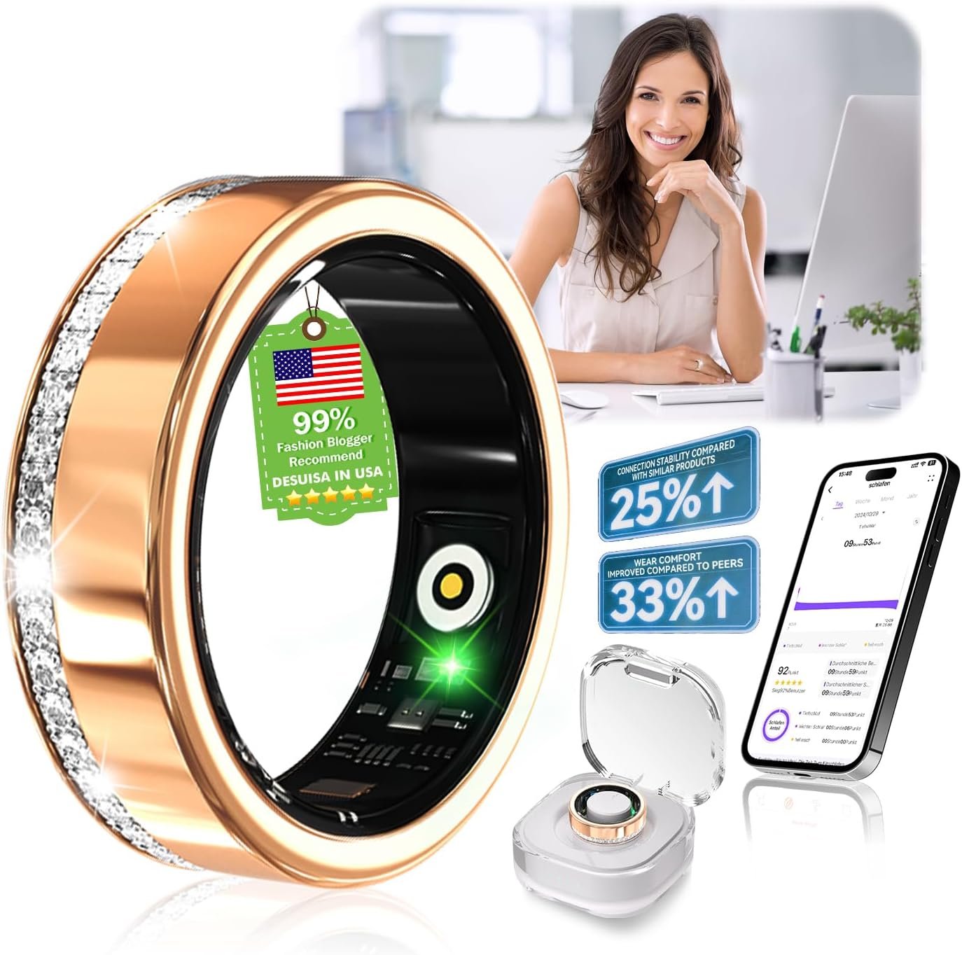 10 Gen Diamond Smart Ring and Wireless Charging Case【Industry Ranking No.1 – 0 Measurement Error】 2026 Smart Ring for Women & Men for Sleep Tracking Wearable Device,Fitness Ring Gold 7#