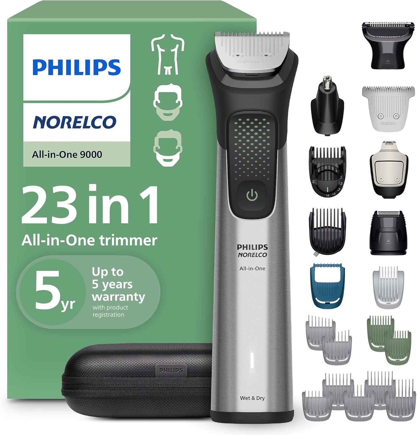 Norelco Philips All-in-One 9000 23-in-1 Trimmer, Face, Hair & Body, Steel | Beard Styler, Nose, Detail Trimmer, Body Shaver, Hair Clipper, Steel Blades, 29 lengths, 6-Hr Runtime, Showerproof, MG9575/49
