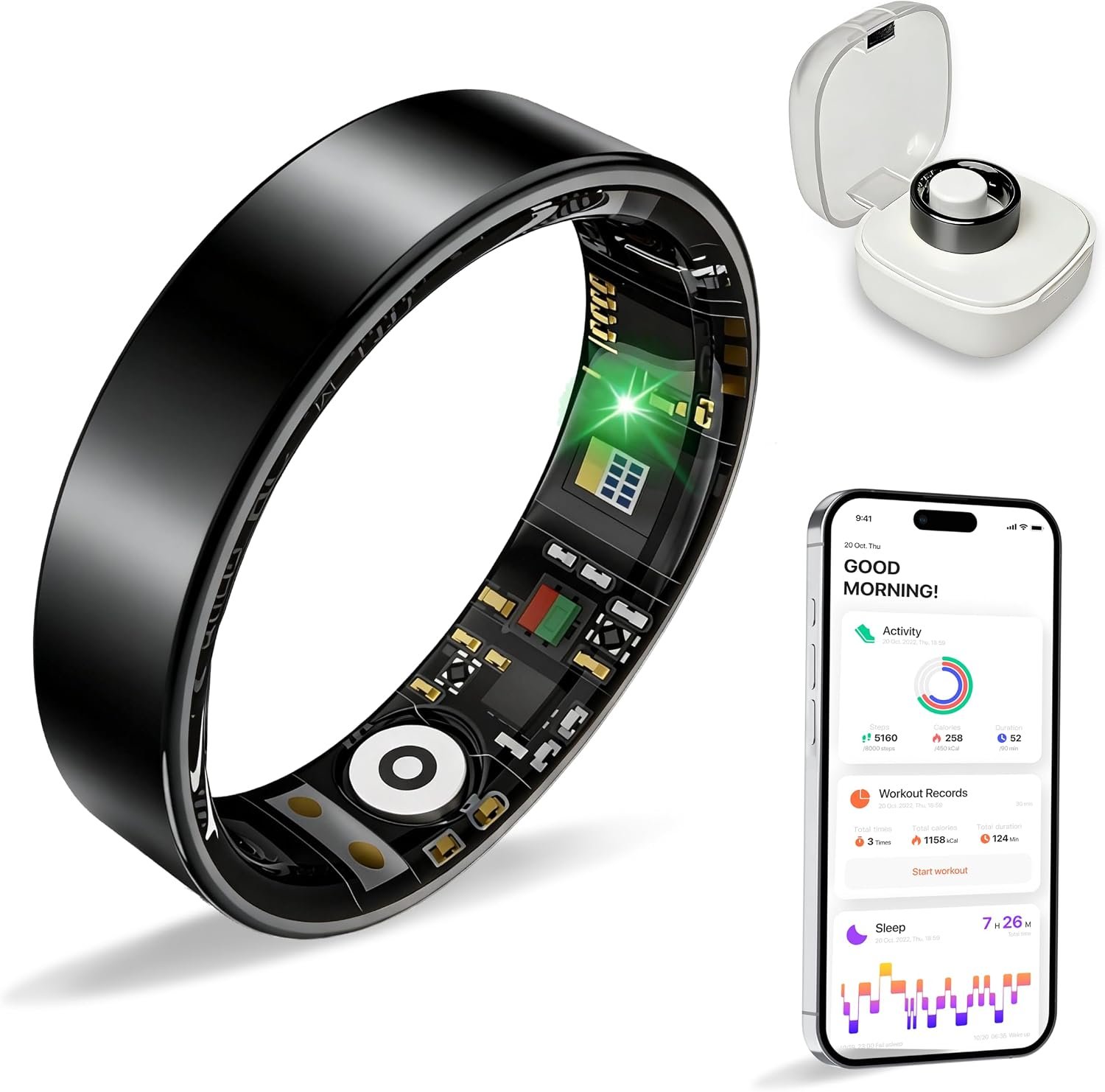 New Smart Ring Health Tracker for Women & Men, Sleep Exercise Health Monitoring, Daily Tracking, iOS/Android Compatible, IP68 Waterproof, No Subscription Required, 5‑Day Battery Life (Black, 10)
