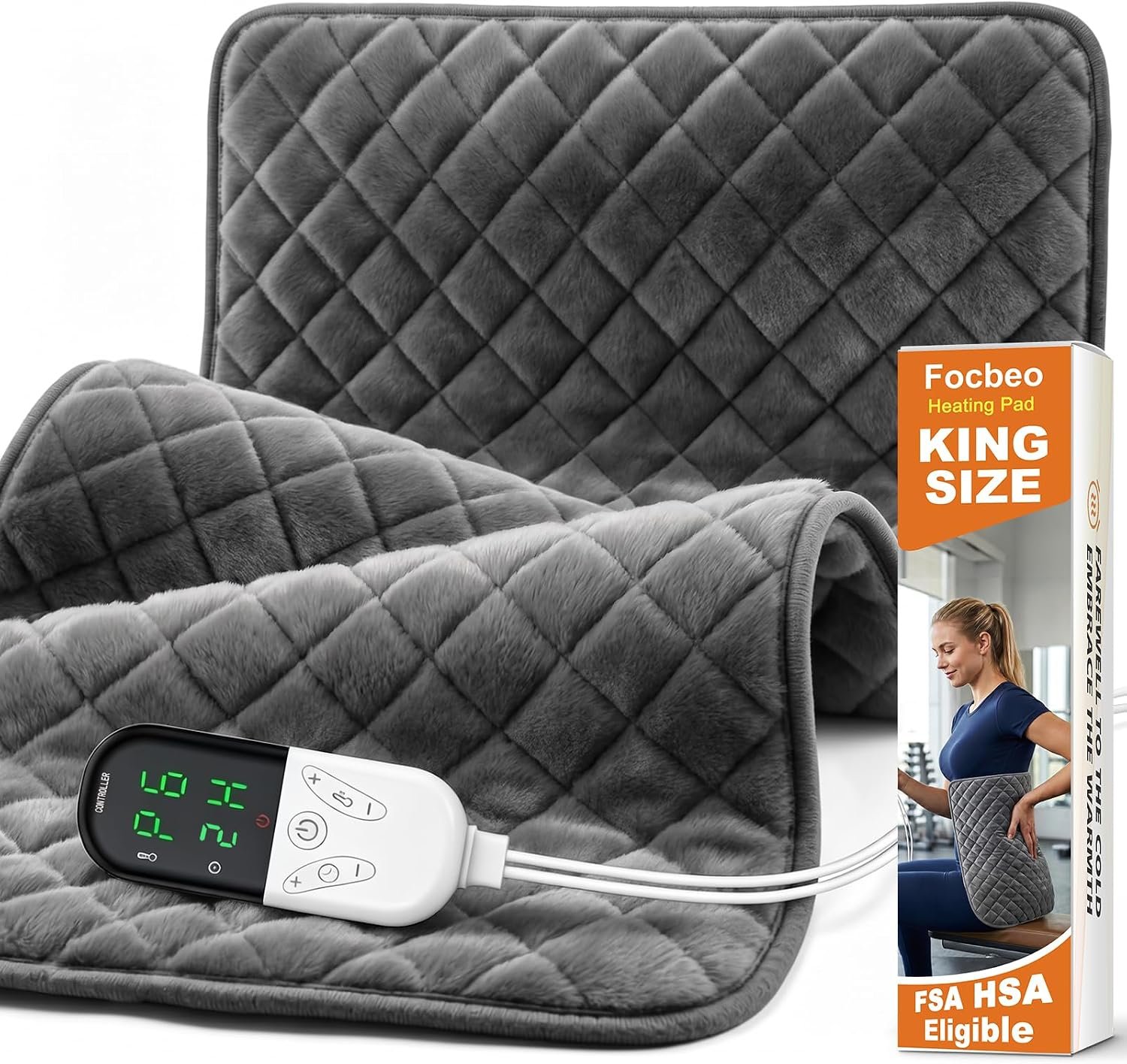 Electric Heating Pad for Back Neck & Shoulders, 35″x20″ King Size, Velvet | FSA Eligible HSA, for Period Cramps, Abdomen and Knee, Dry or Moist Heat Use, 2H Auto Shut Off, 6 Heat Settings, Washable