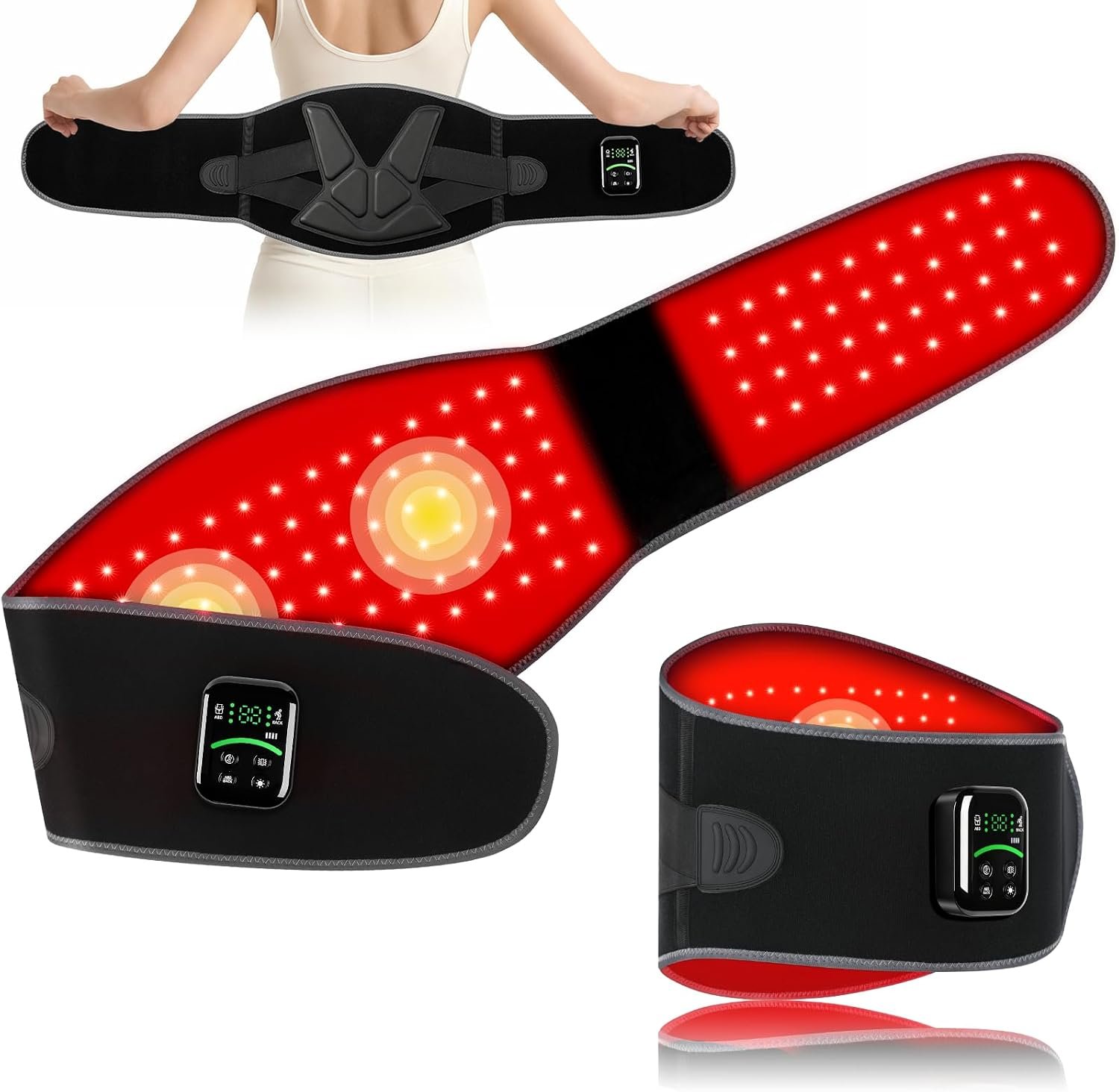 Red Light Therapy Belt, Cordless Warmth & Massage, Dual-Side 660nm & 850nm | 5 Red Light Therapy & 3 Vibrations, Infrared Red Light Belt for Abdomen, Belly, Back Pain Relief Products, 130 Tri-Chip LEDs