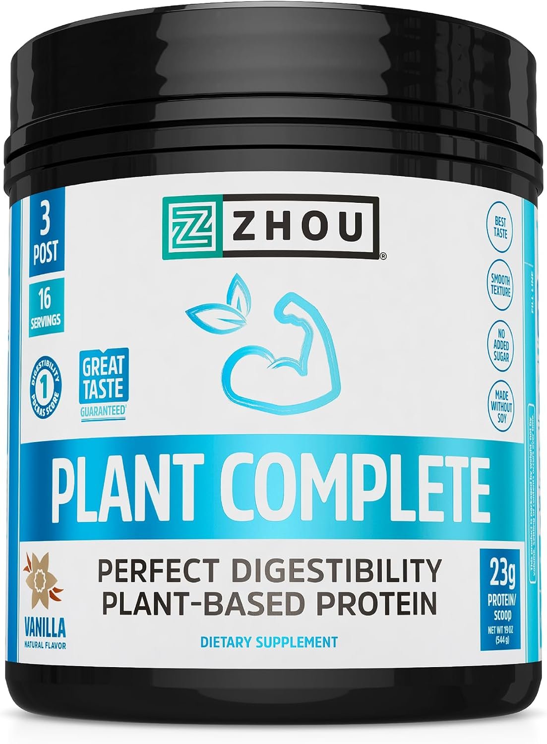 Zhou Plant Complete Vegan Protein Powder – Vanilla, 17.7oz (16 Servings) | Plant Based Protein Powder for Women & Men, Non Dairy Rice & Pea Blend for Smoothies and Shakes, 21g Per Serving