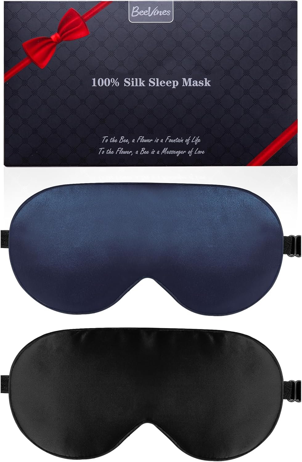 BeeVines 100% Real Mulberry Silk 2 Pack Sleep Mask, Pure Silk Eye Masks with Adjustable Strap for Sleeping, 100% Block Light Eye Sleep Shade Cover, Reduces Puffy Eyes Traveling Gifts(Black & Blue)