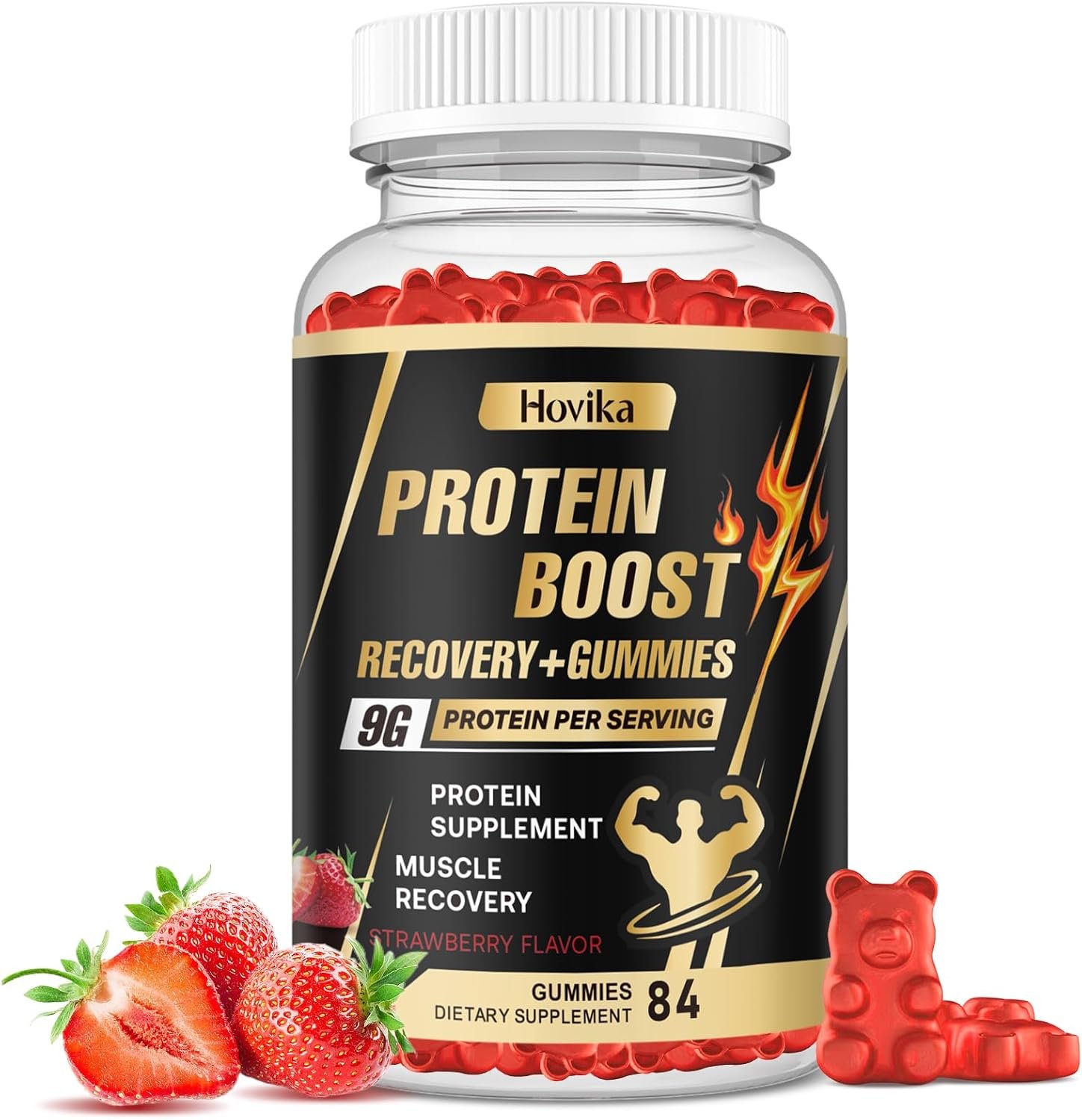 Whey Protein Gummies, 9g Protein per Serving, Easy to Take Snacks for Men & Women, Recovery + Supplement Gummies for Protein Boost, Muscle, Energy Support, Strawberry Flavor, 84 Gummies