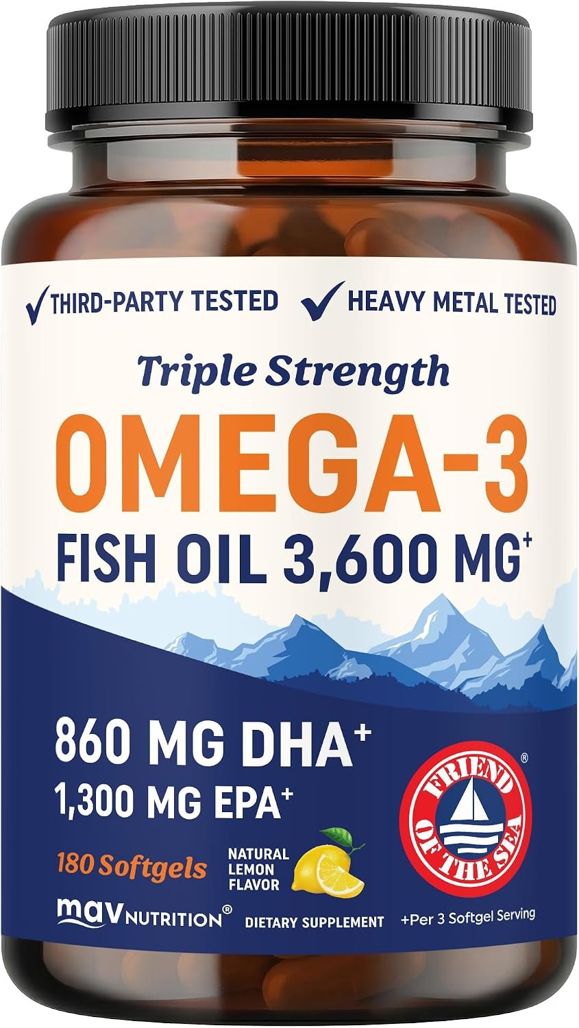Triple Strength DHA Omega 3 Fish Oil 3600 mg | Over 2100mg Omega-3 Fatty Acids with 860mg of DHA | 1300mg EPA | Best Essential Fatty Acids | Premium Wild Caught & Burpless Fish Oil | 180 Softgels