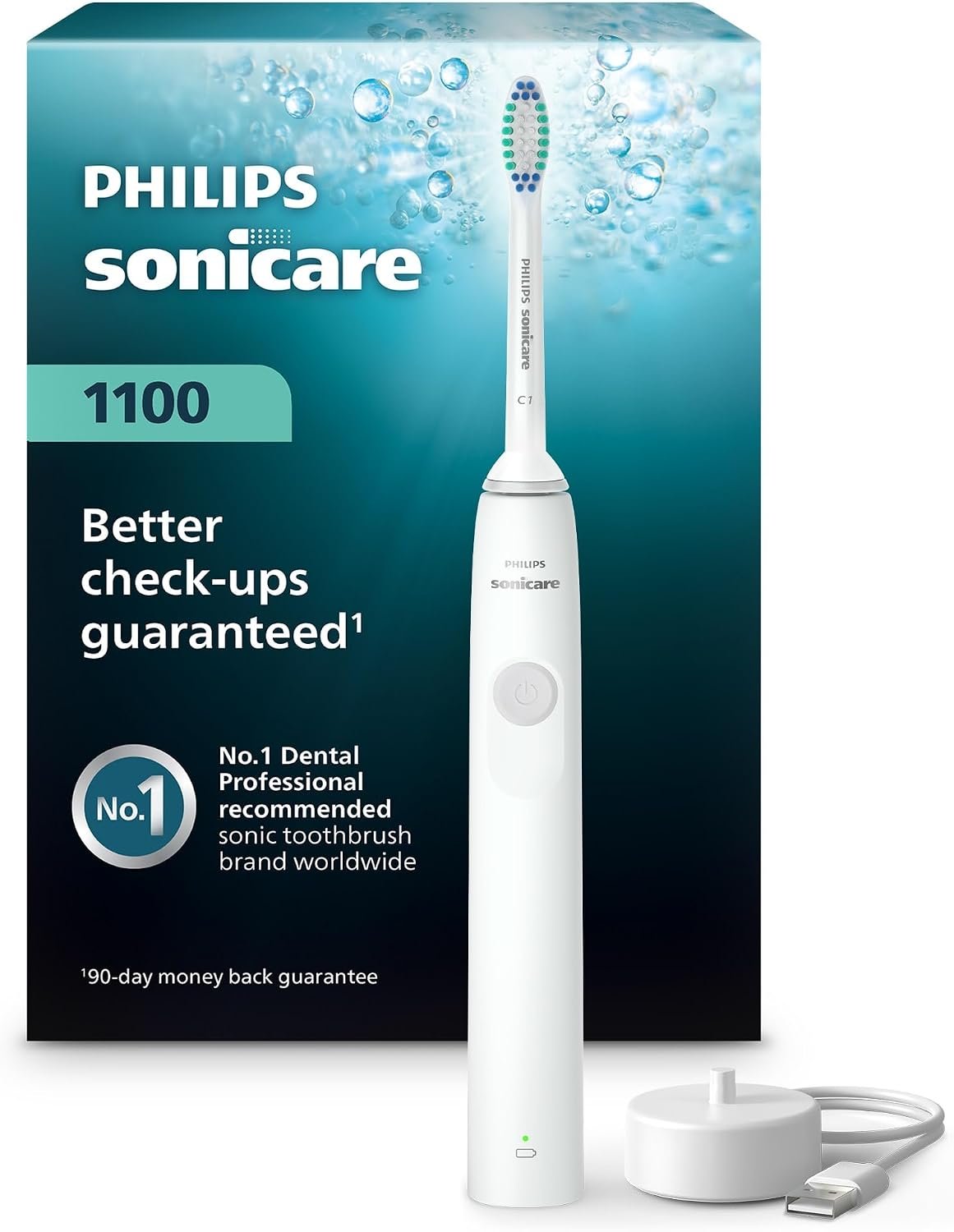 PHILIPS Sonicare 1100 Rechargeable Electric Toothbrush, 1 Brush Head, White | More Plaque Removal, 2-Minute Guided Timer, 14-Day Battery, HX3641/02