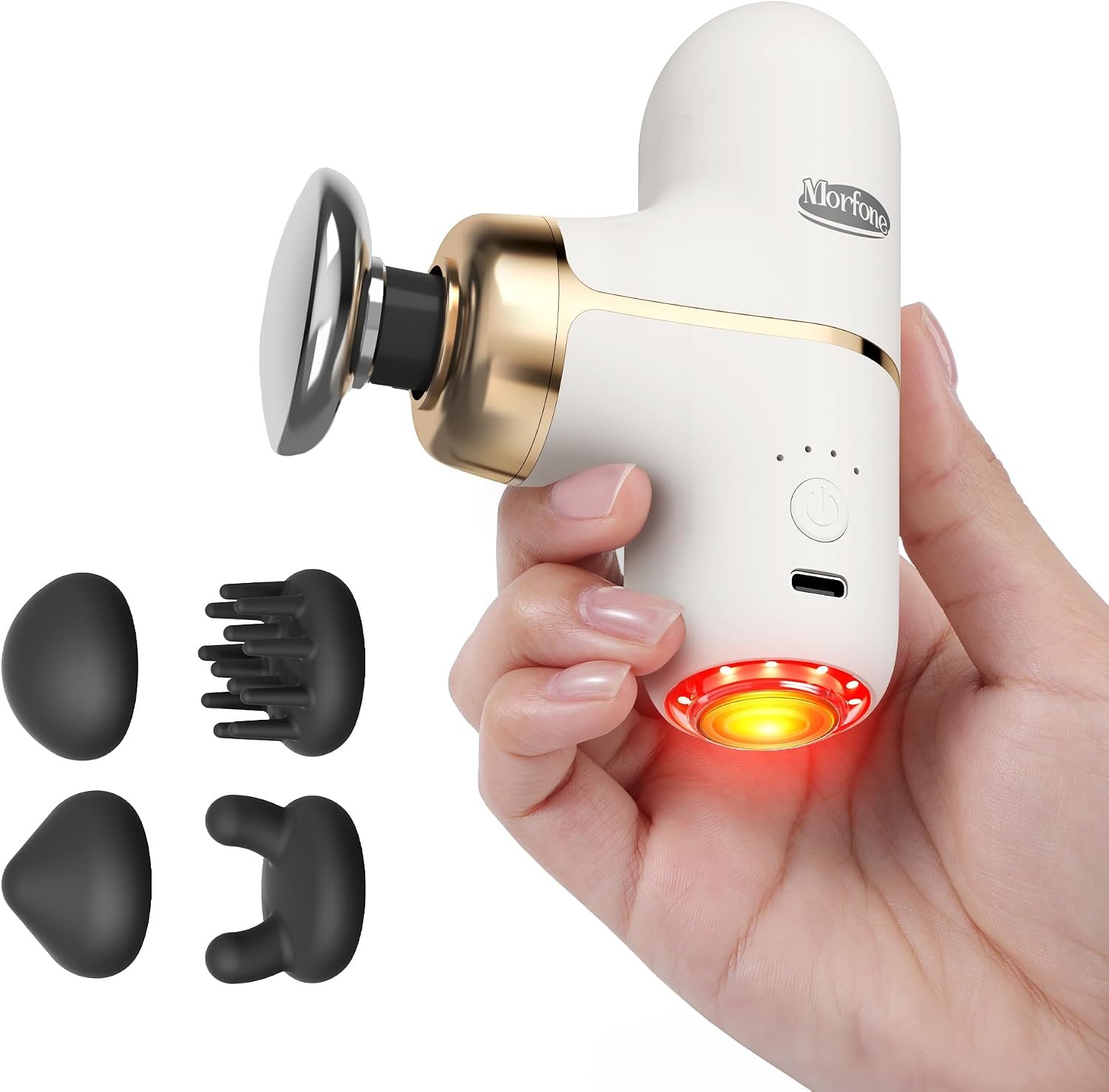 Super Mini Massage Gun with Heat & Red Light, 0.48 lb Travel Massage Gun | Palm-Sized Deep Tissues Percussion Muscle Massager 4 Heads 4 Speeds Compact Ultra-Quiet Type-C Charging for Home Office White