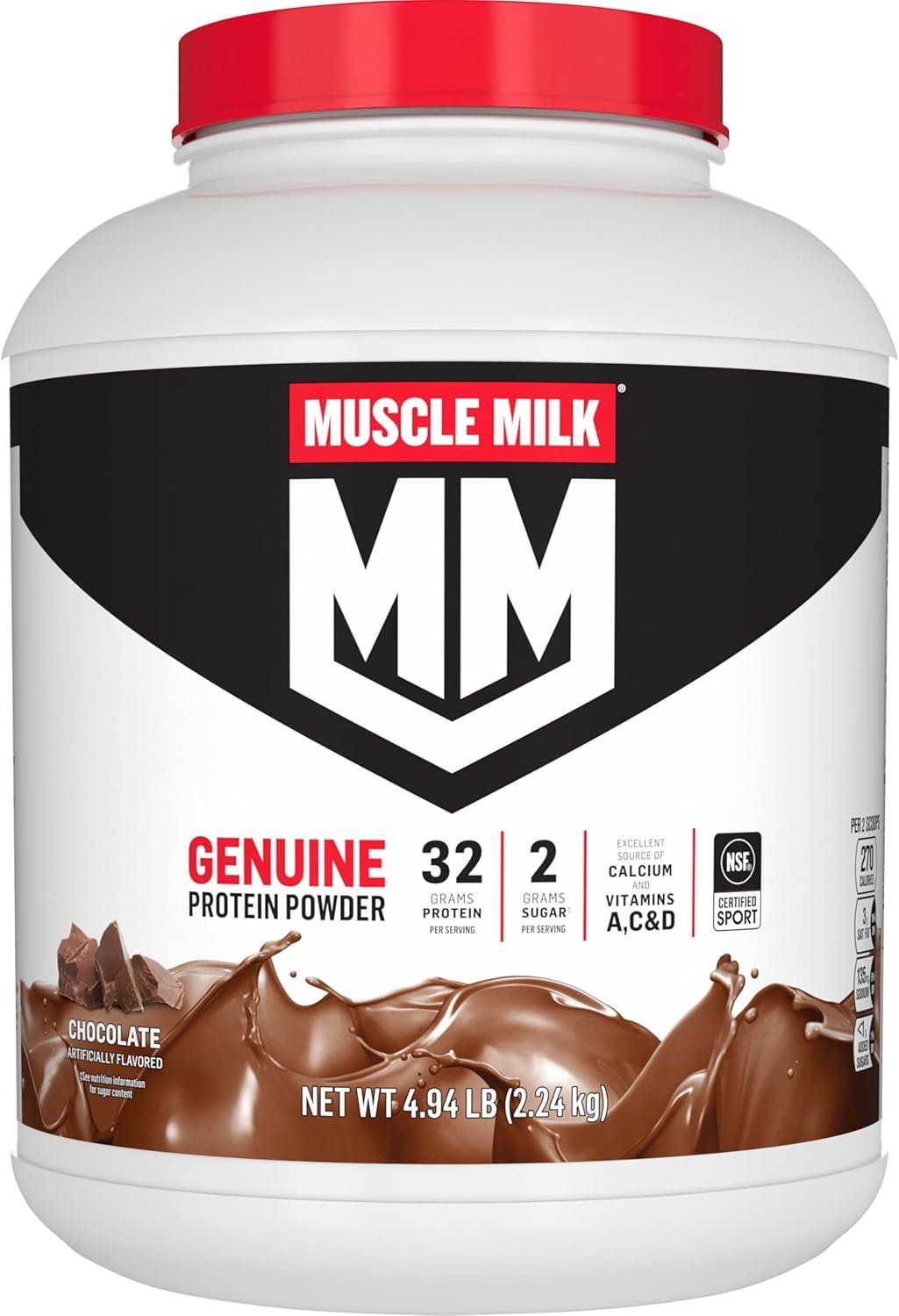 Muscle Milk Genuine Protein Powder, Chocolate, 4.94 Pound, 32 Servings, 32g Protein, 2g Sugar, Calcium, Vitamins A, C & D, NSF Certified for Sport, Energizing Snack, Packaging May Vary