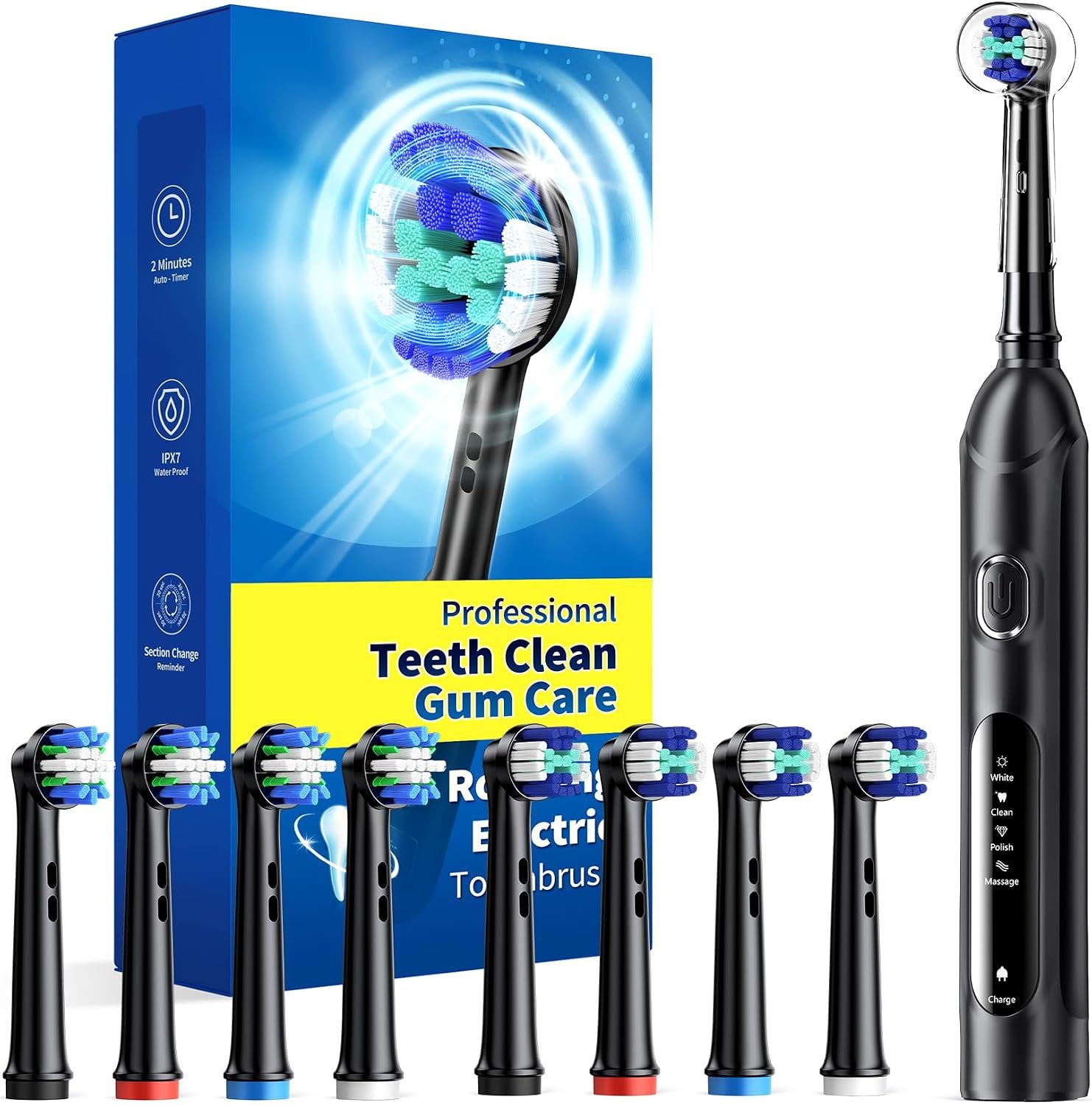 Rotating Electric Toothbrush for Adults, 8 Heads 2 Types, 4 Modes, Black | Rotating Electric Toothbrush for Adults, 8 Brush Heads (2 Types), 4 Modes Deep Clean Rechargeable, 2 Min Smart Timer Black