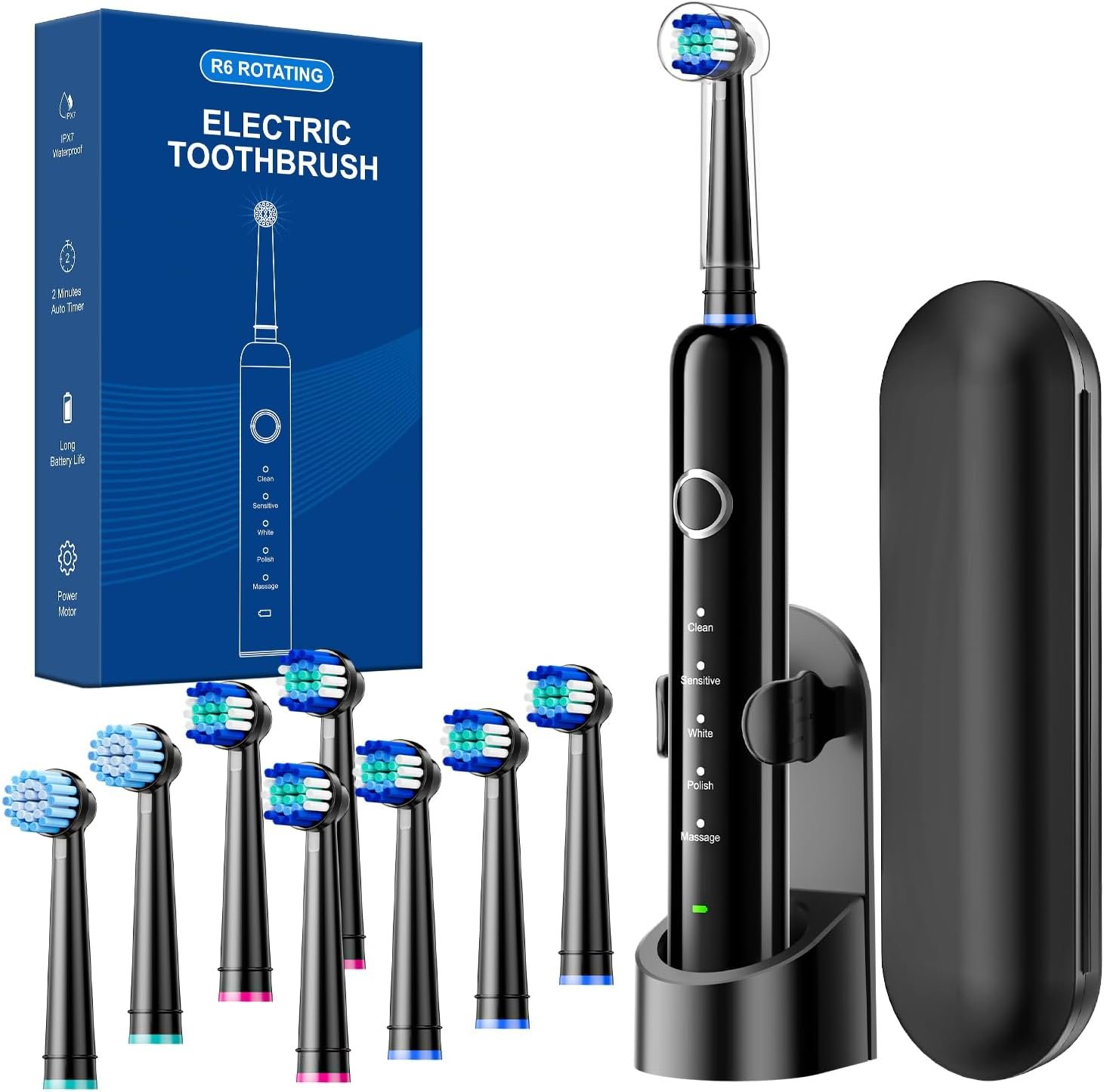 Rtauys Rotating Electric Toothbrush for Adults with 8 Brush Heads (2 Types), 5 Modes Rechargeable Power Toothbrush with Travel Case and 2 Minute Smrte Timer