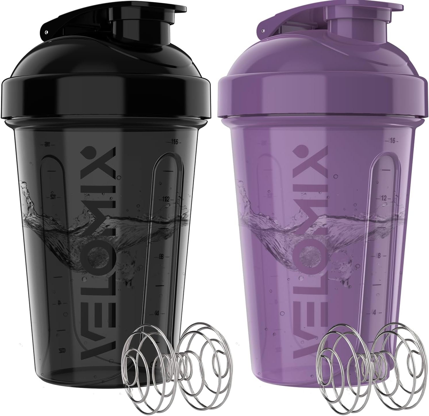 VELOMIX 2 Pack 20oz Protein Shaker Bottle for Protein Mixes, Purple/Black | 2x Wire Whisk, Leak Proof Shaker Cups for Protein Shakes, Stackable, Dishwasher safe, BPA free, Pre Workout and Gym ready