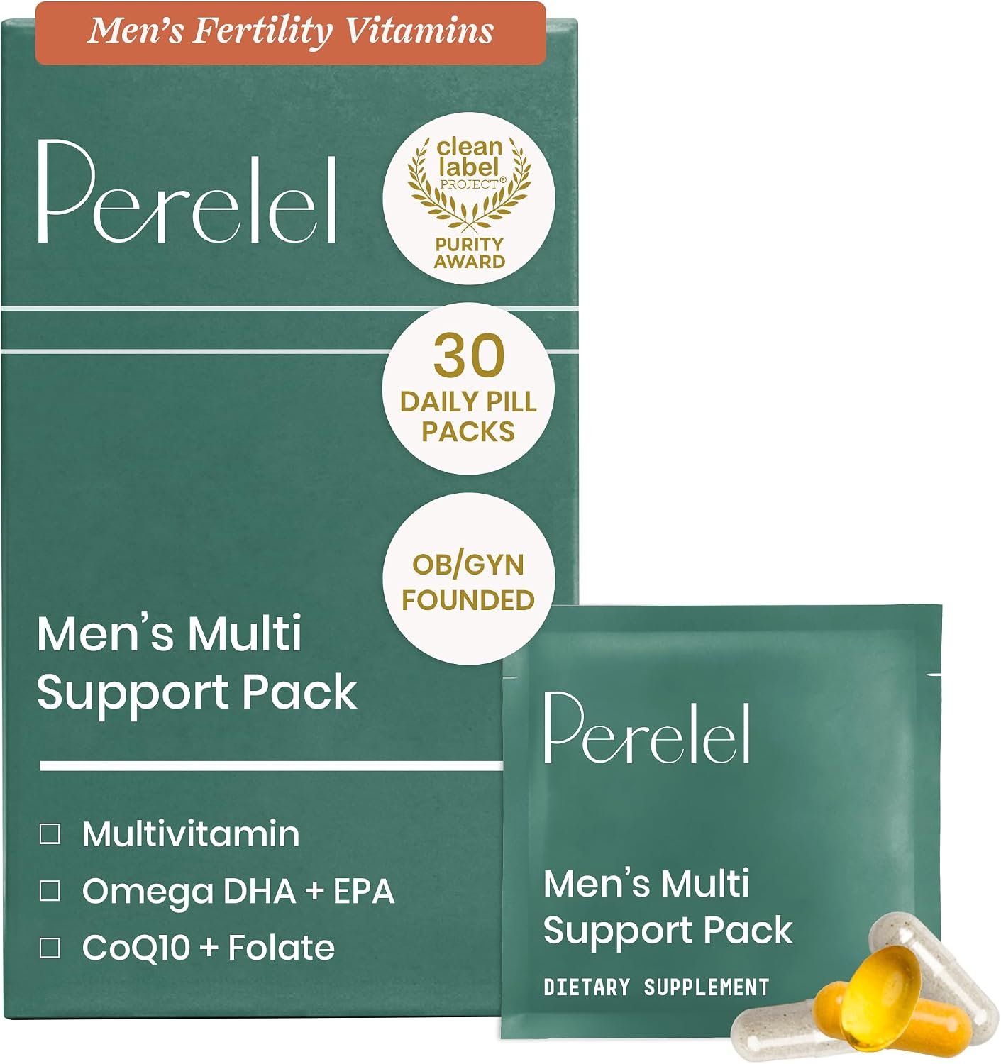 Perelel Mens Daily Multivitamin with Omega 3, CoQ10, & Folate | Mens Wellness, Nutritional, & Fertility Support for Any Life Stage, Soy & Gluten Free, Non-GMO, 30 Daily Pill Packs