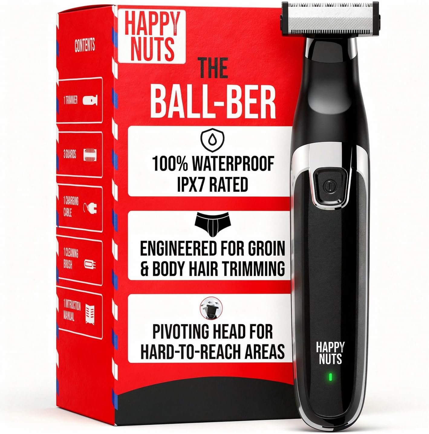 HAPPY NUTS The Ballber Pro Electric Groin & Body Hair Trimmer for Men – Mens Body Groomer Kit for Privates – Waterproof Shaver for Hard to Reach Areas (Ballber)