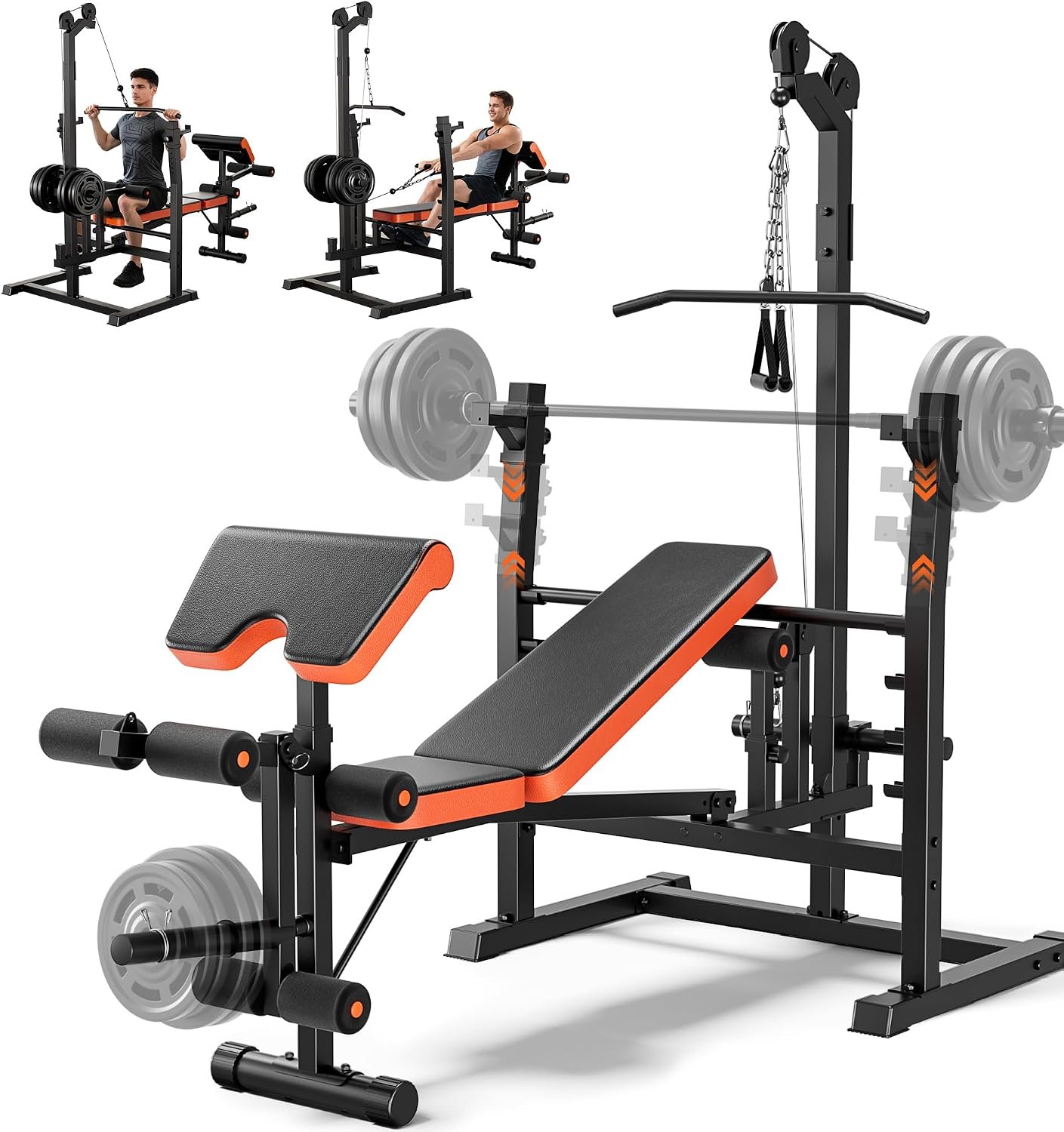Fostoy Olympic Weight Bench with Lat Pulldown, Squat Rack & Leg Curl | Adjustable,Cable Row, Squat Rack, Leg Developer, Preacher Curl, Multi-Angle Backrest, Full Body Strength Training