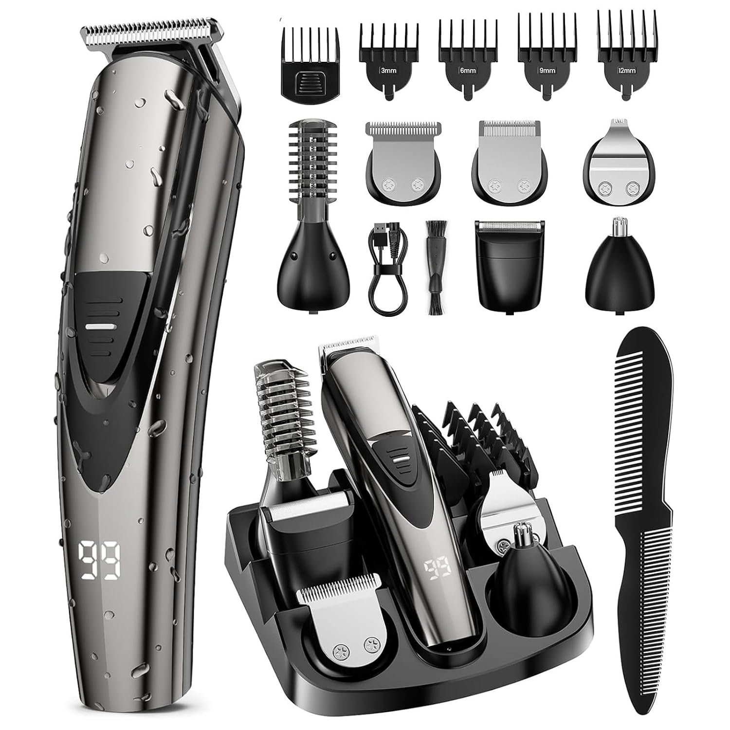 Rechargeable Beard Trimmer for Men: Professional Barber Hair Clippers with Detachable Blade & Turbo Speed, 12-in-1 Cordless Grooming Kit, IPX6 Waterproof, Safety Lock